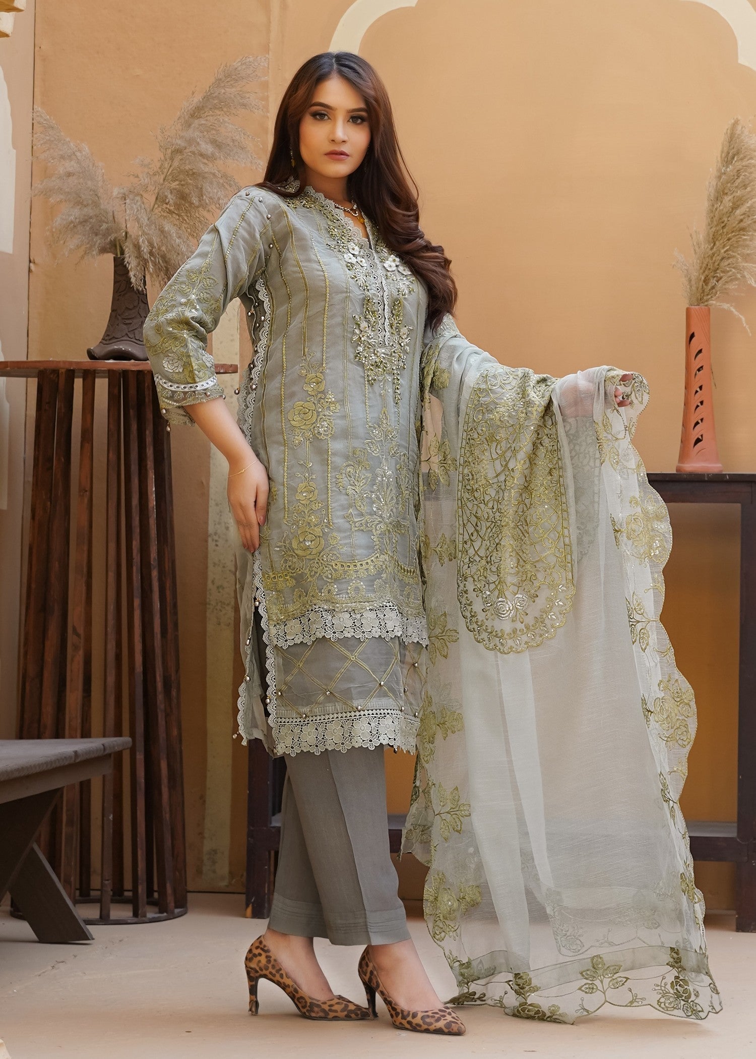 organza Kurta Set in Grey