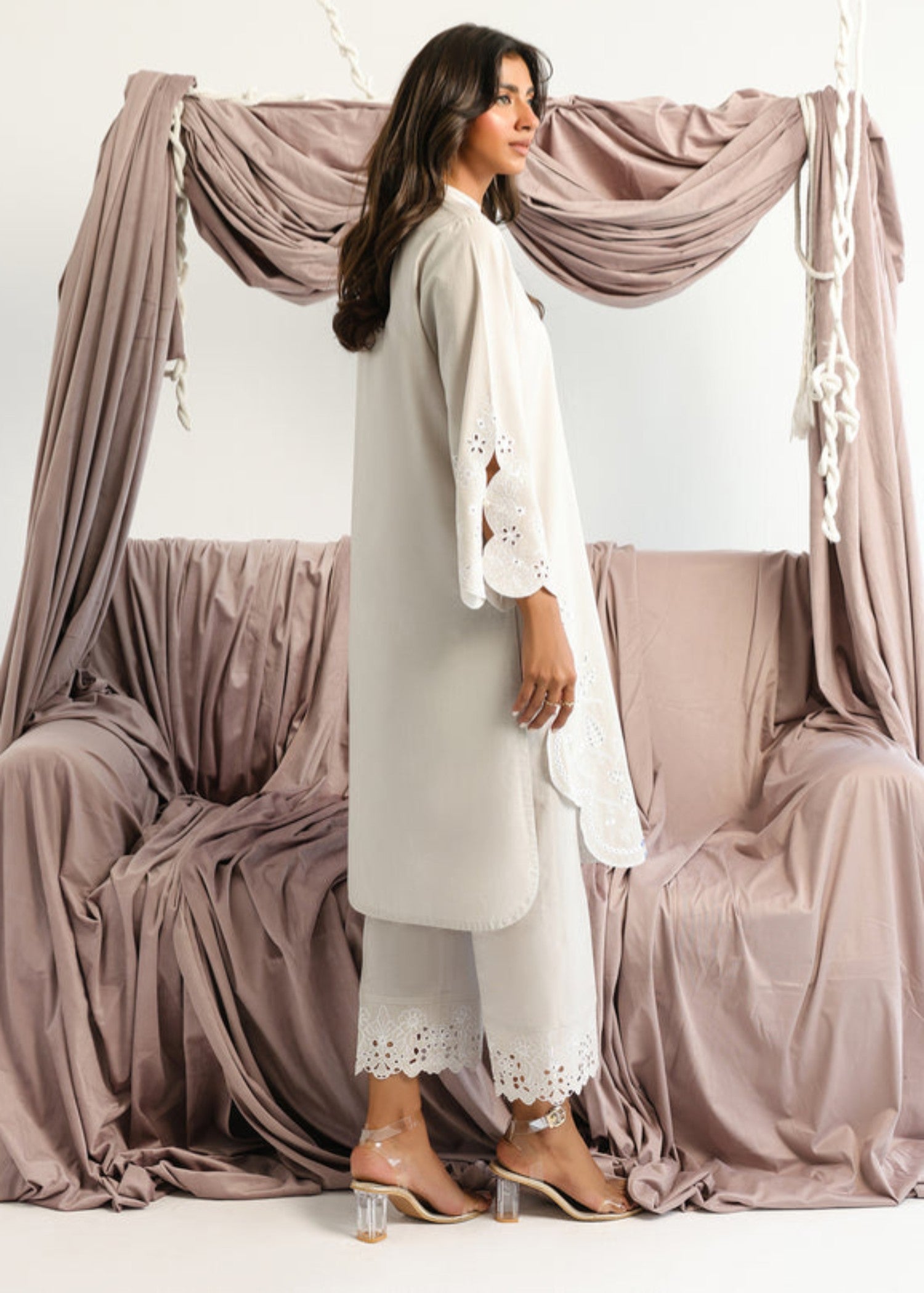 cambric Kurta Set in Light grey