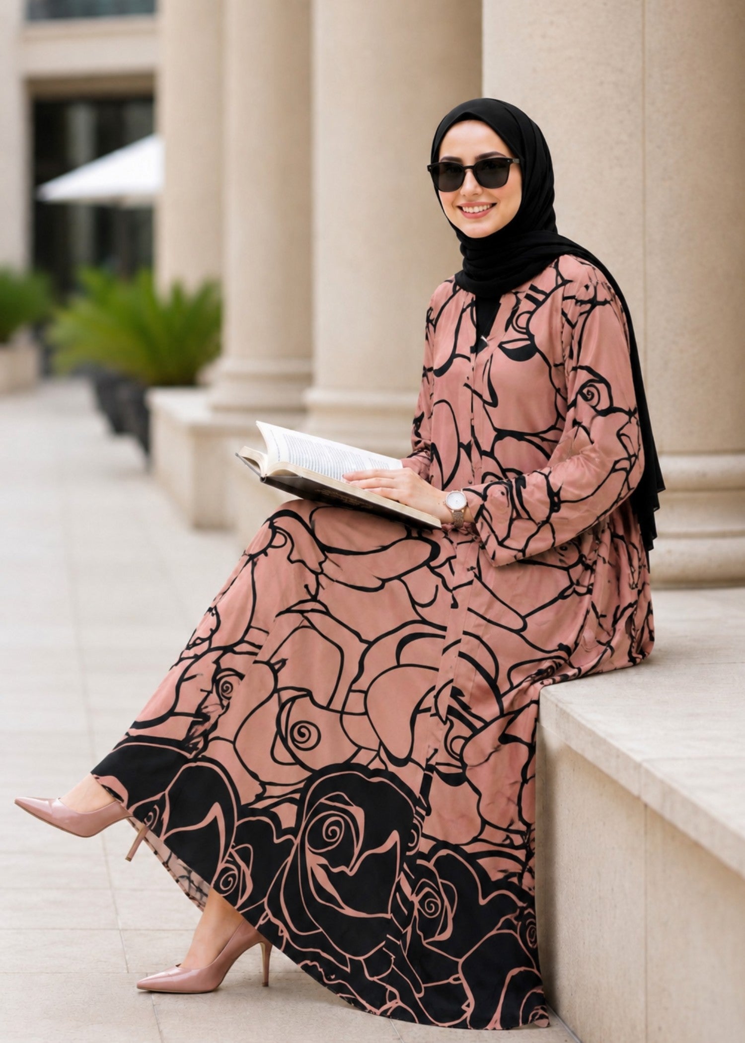 nidha Abaya in Black, melon pink