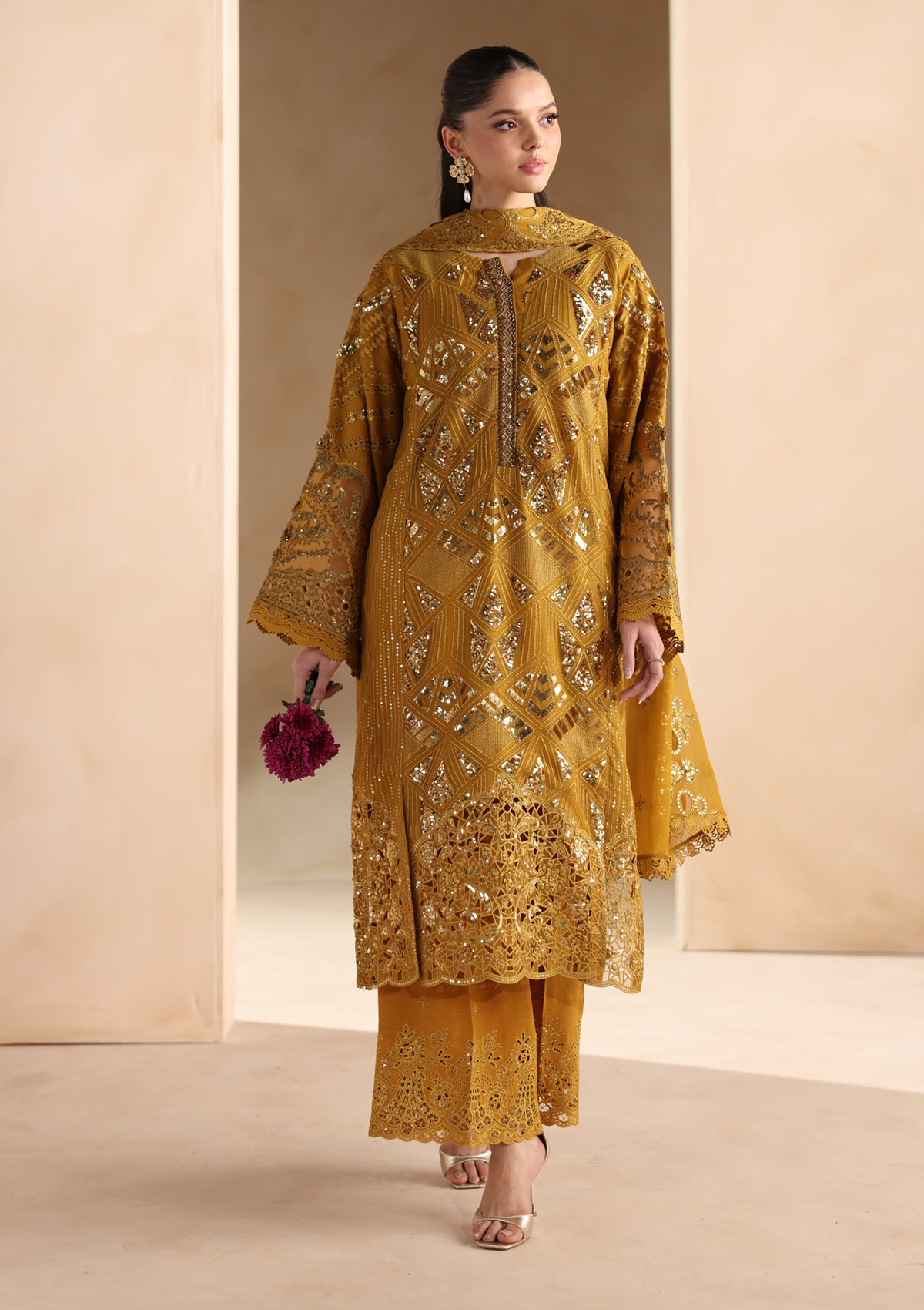 chiffon Kurta Set in Mari gold