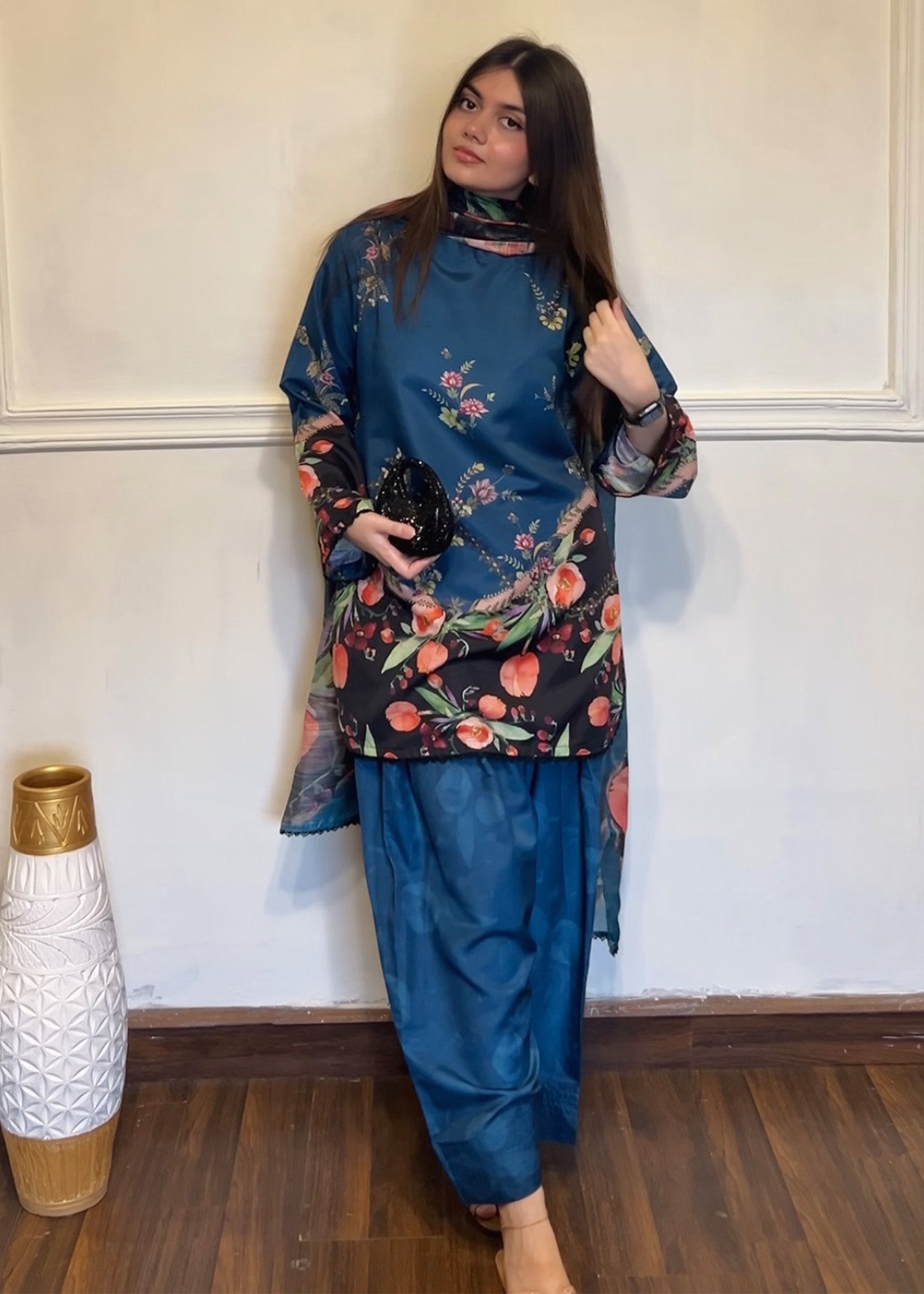 silk finish lawn Kurta Set in Steel teal