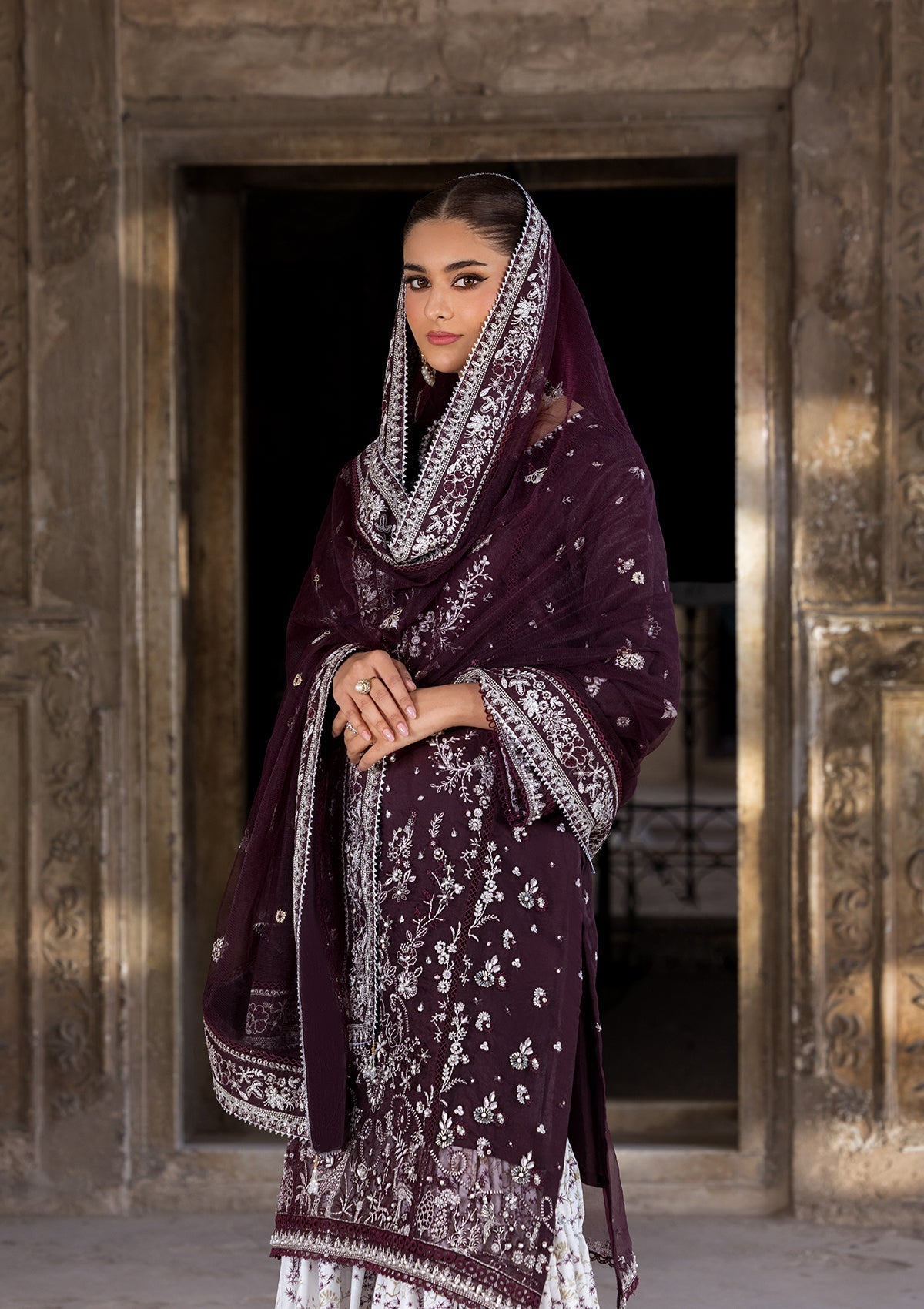 organza Gharara in Plum