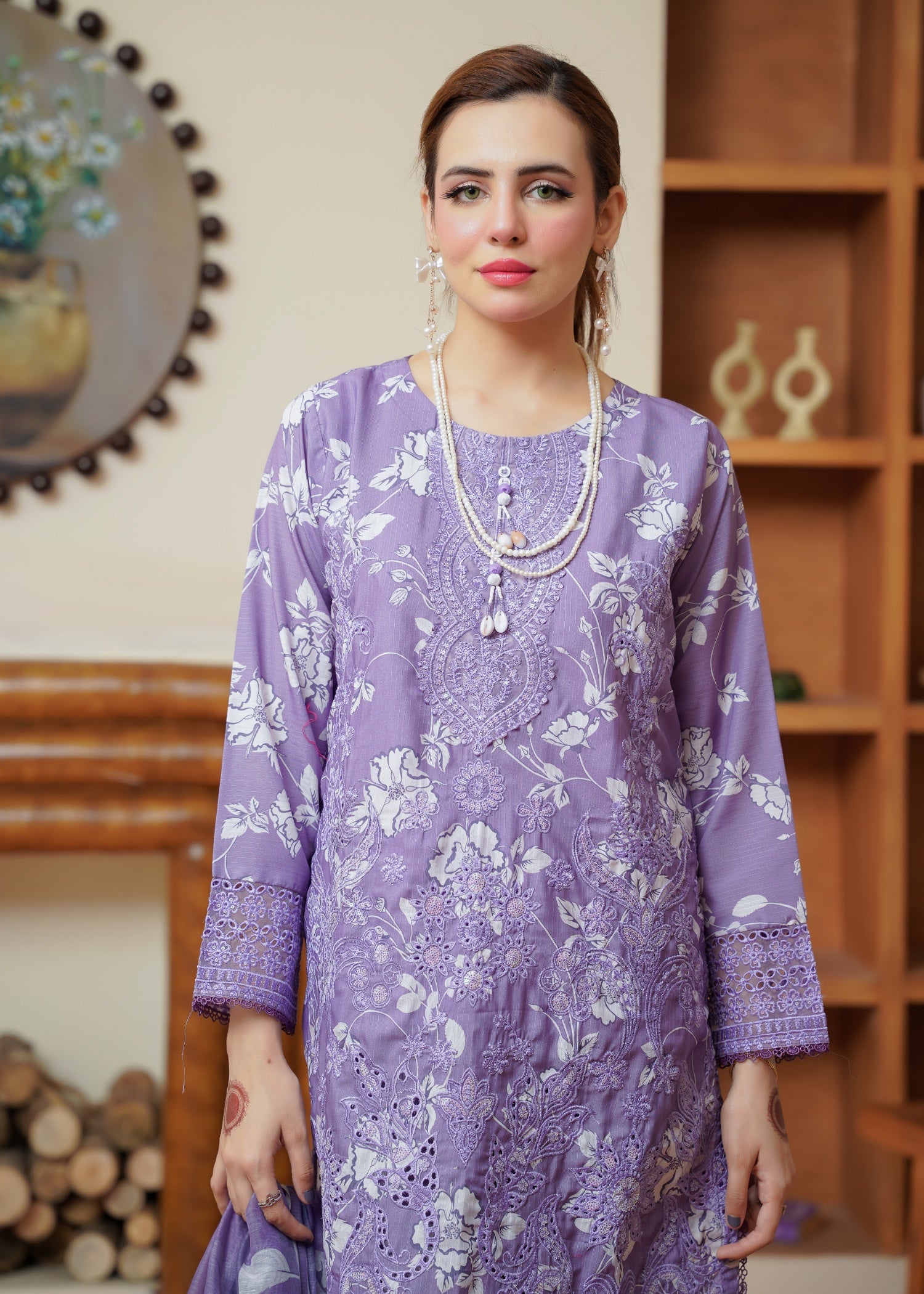 khaddi net Kurta Set in Lavender