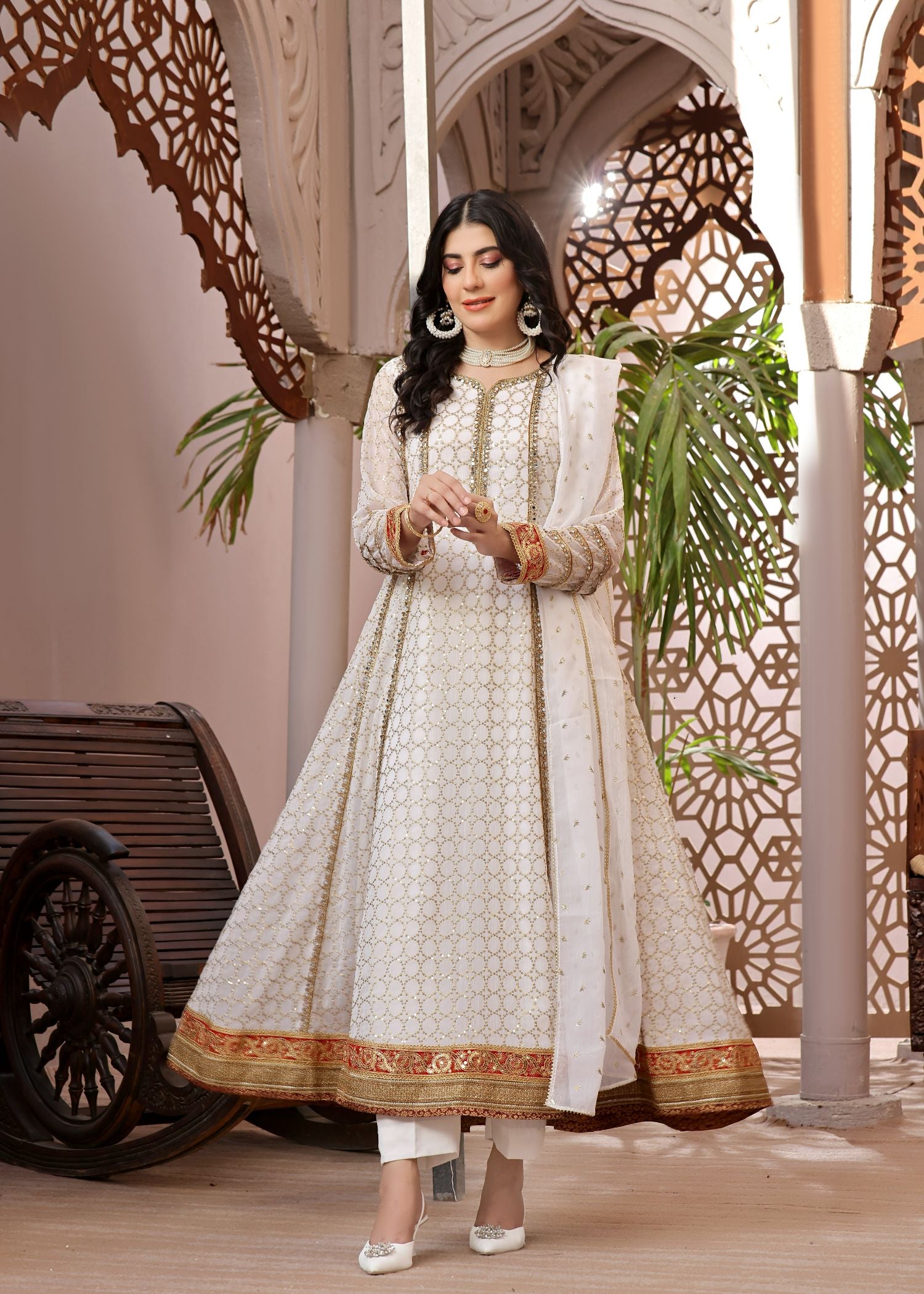 chiffon Anarkali in Pearl white