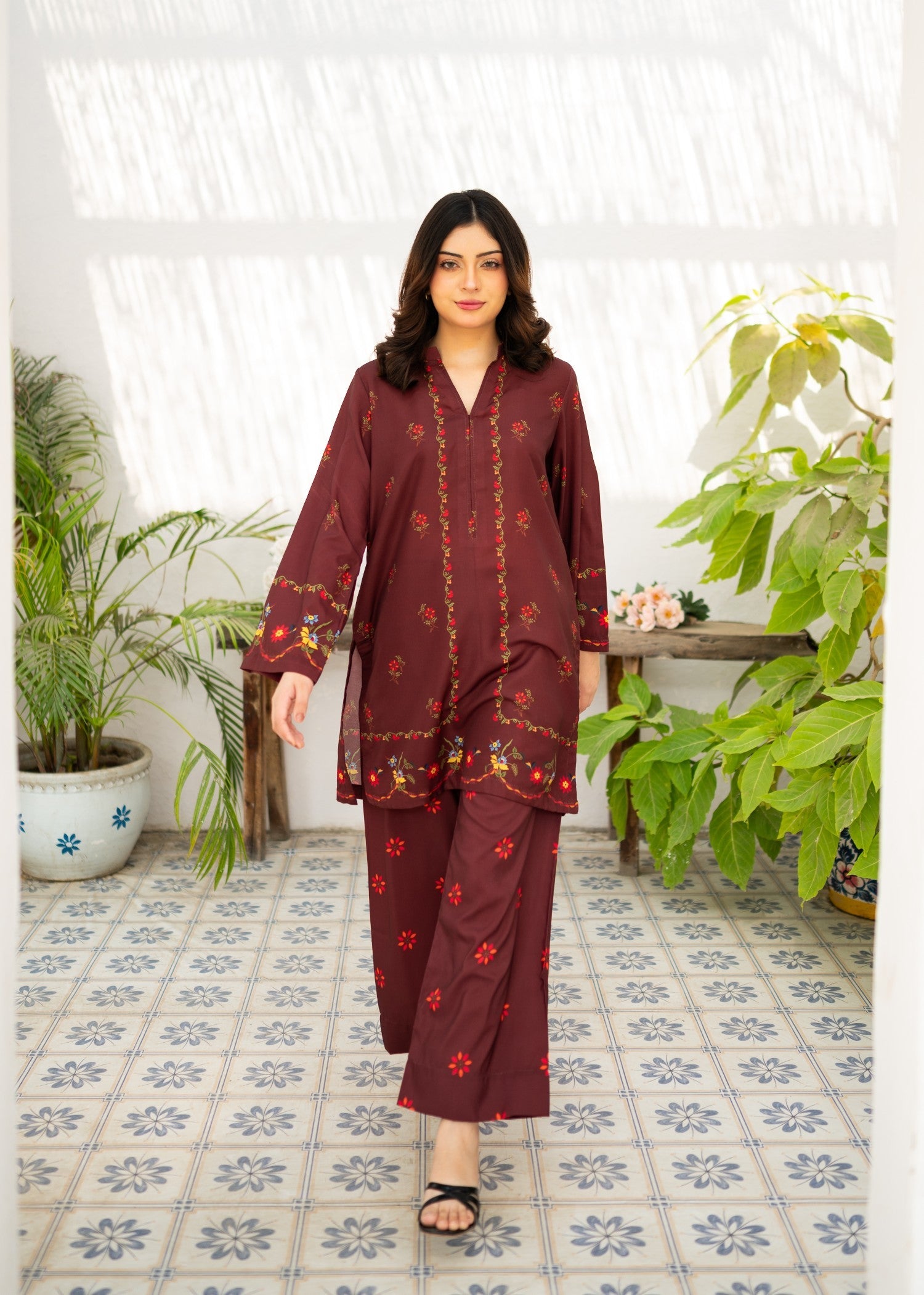 poly lawn Co Ord Sets in Maroon