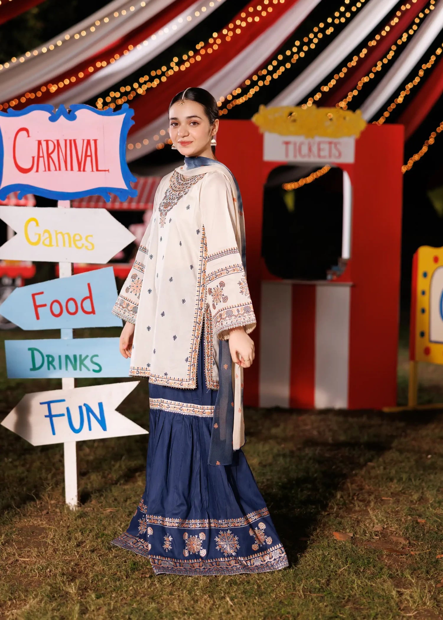 cotton Gharara in Beige, blue