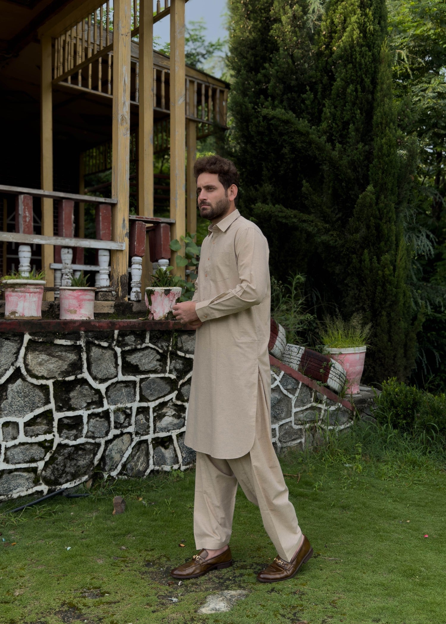 blended karandi Shalwar Kameez in Beige