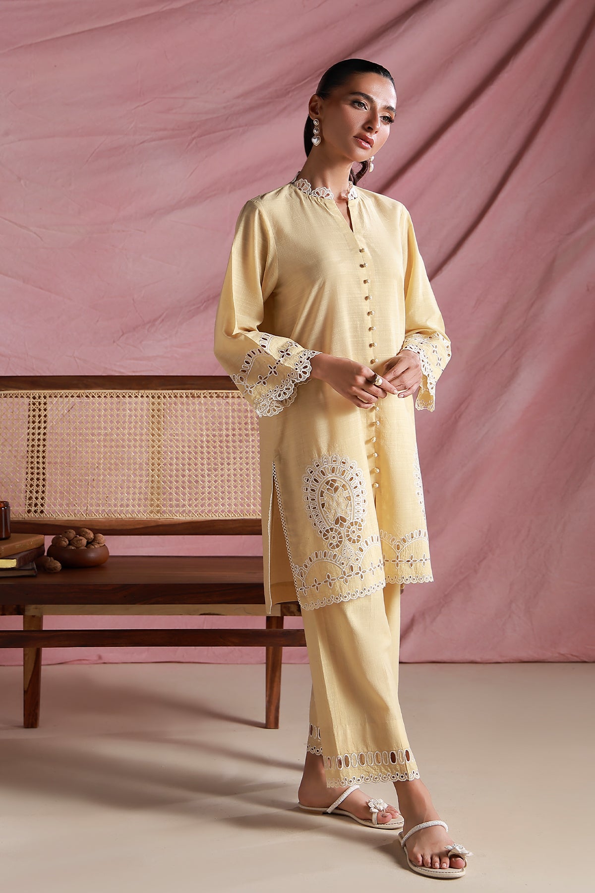schiffli blended Kurta Set in Yellow