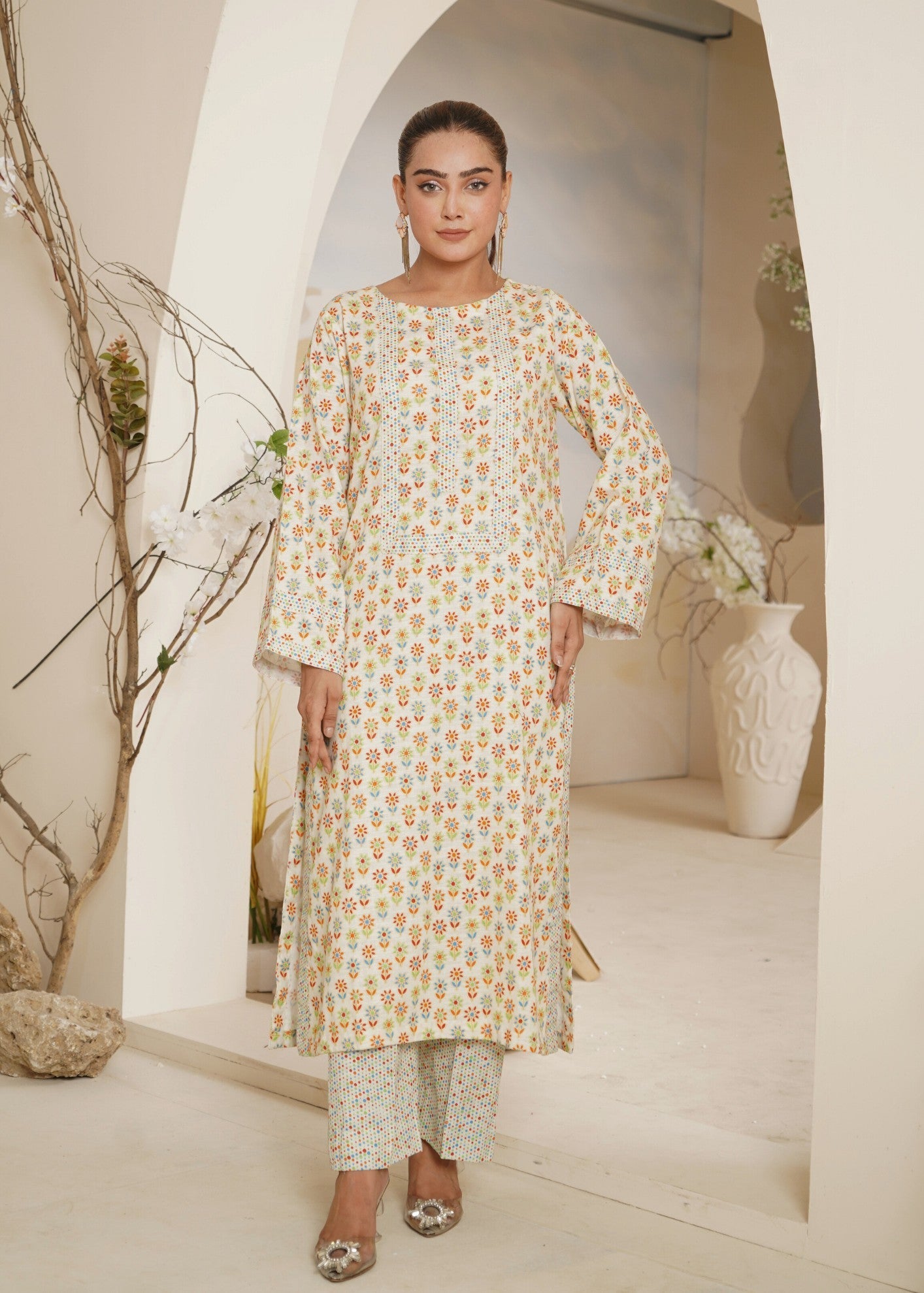slub khaddar Kurta Set in Cream