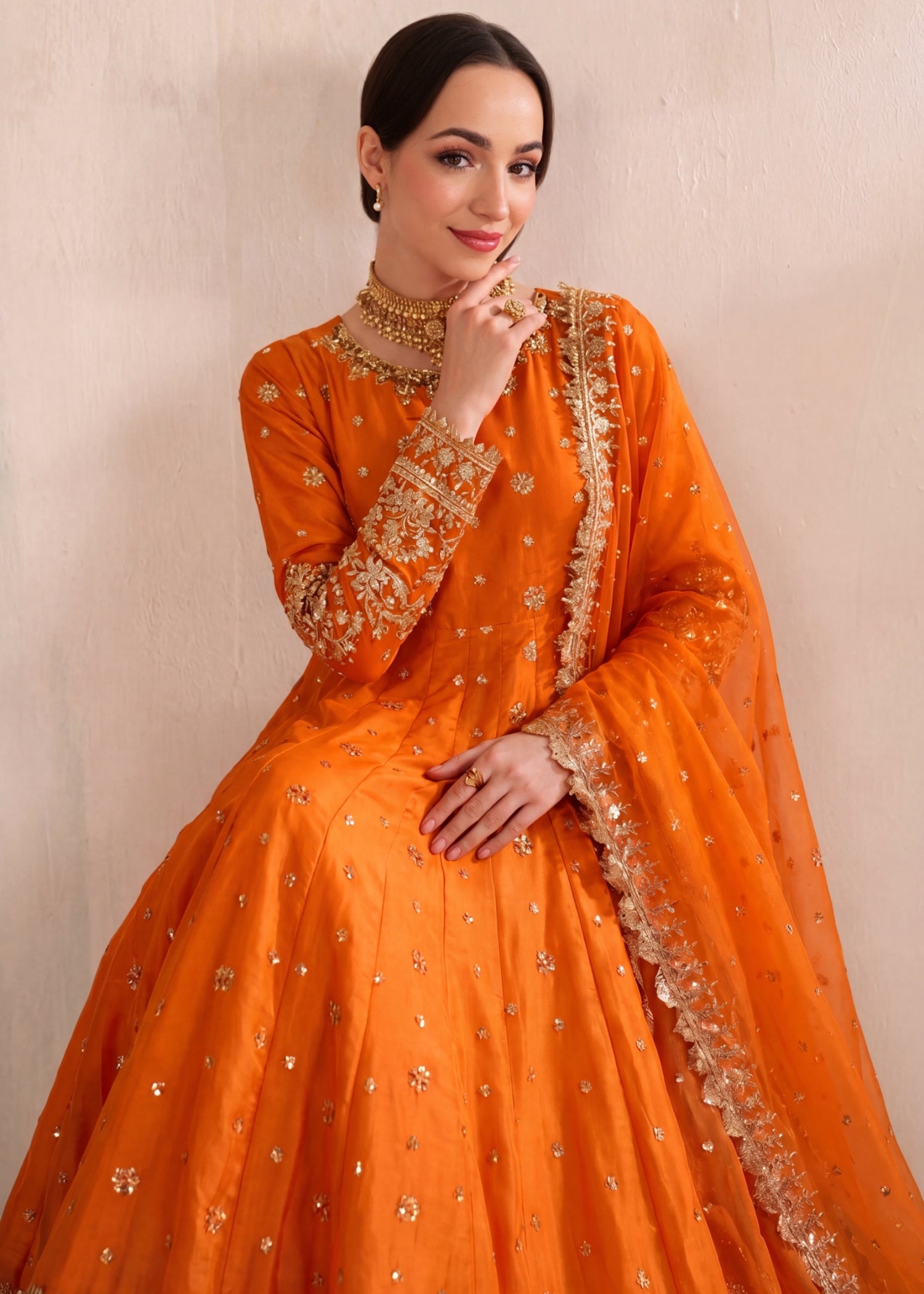 silk Pishwas in Rust orange