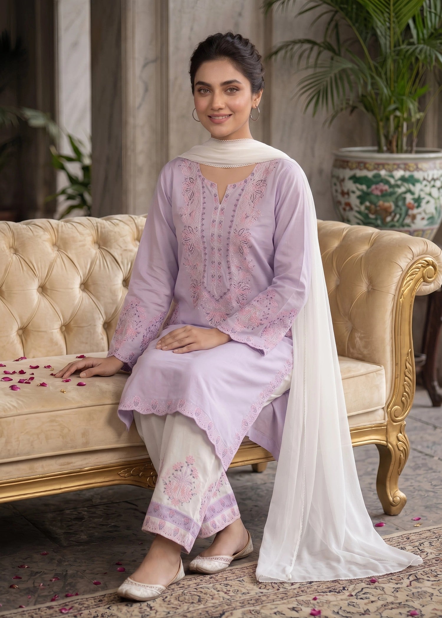 lawn cotton Kurta Set in White, lilac