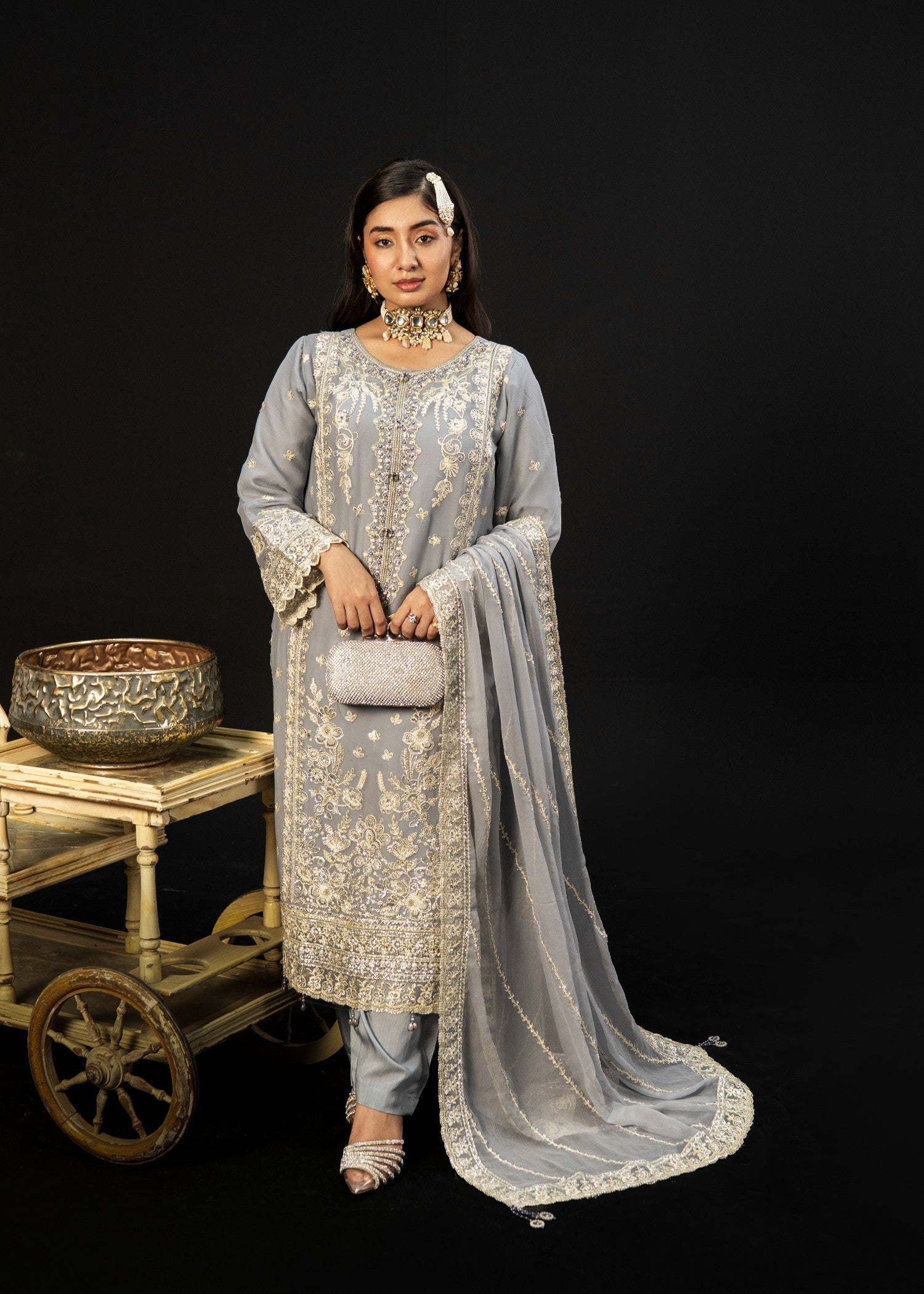 crinkle chiffon Kurta Set in Grey