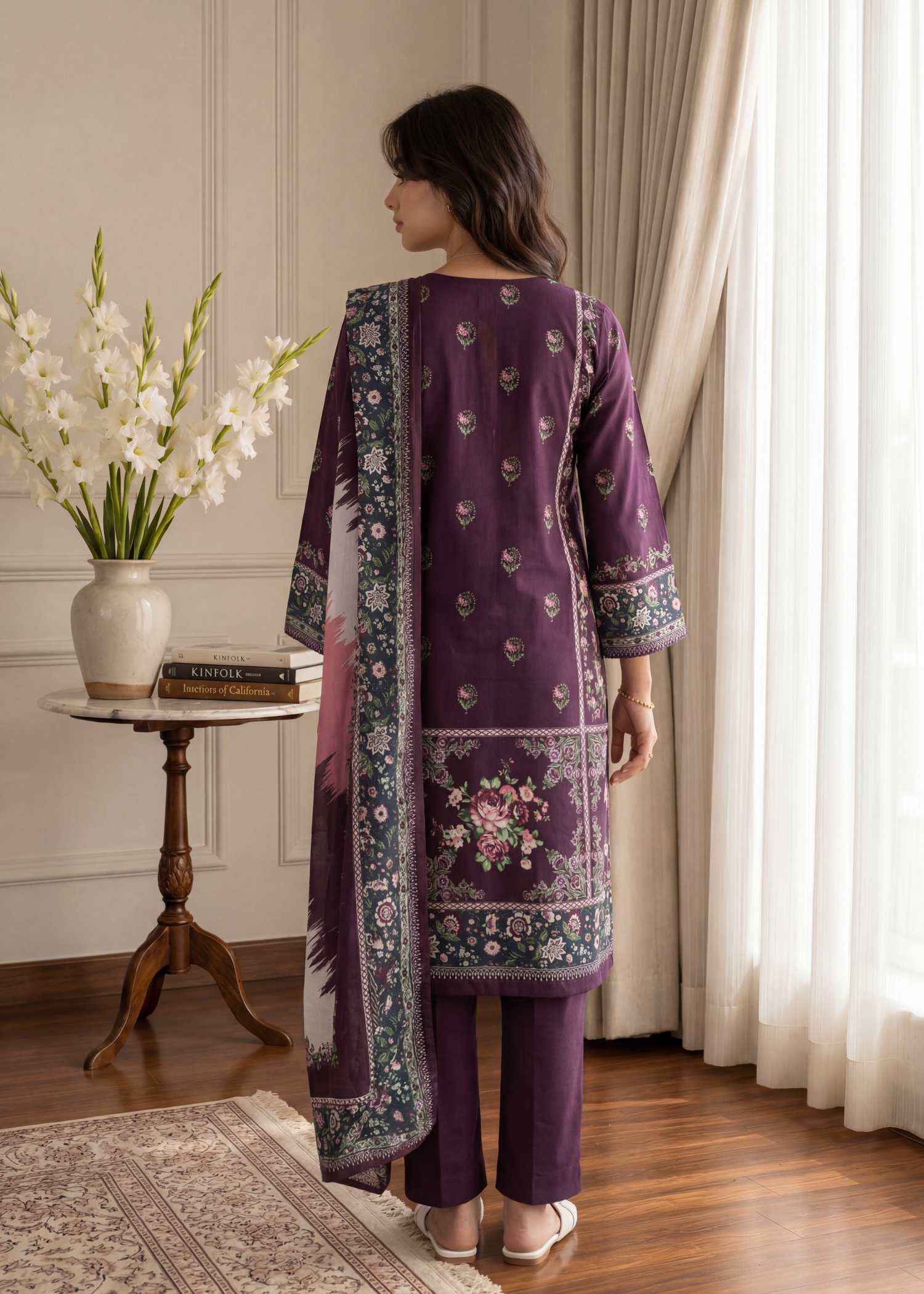 cross hetch Kurta Set in Purple