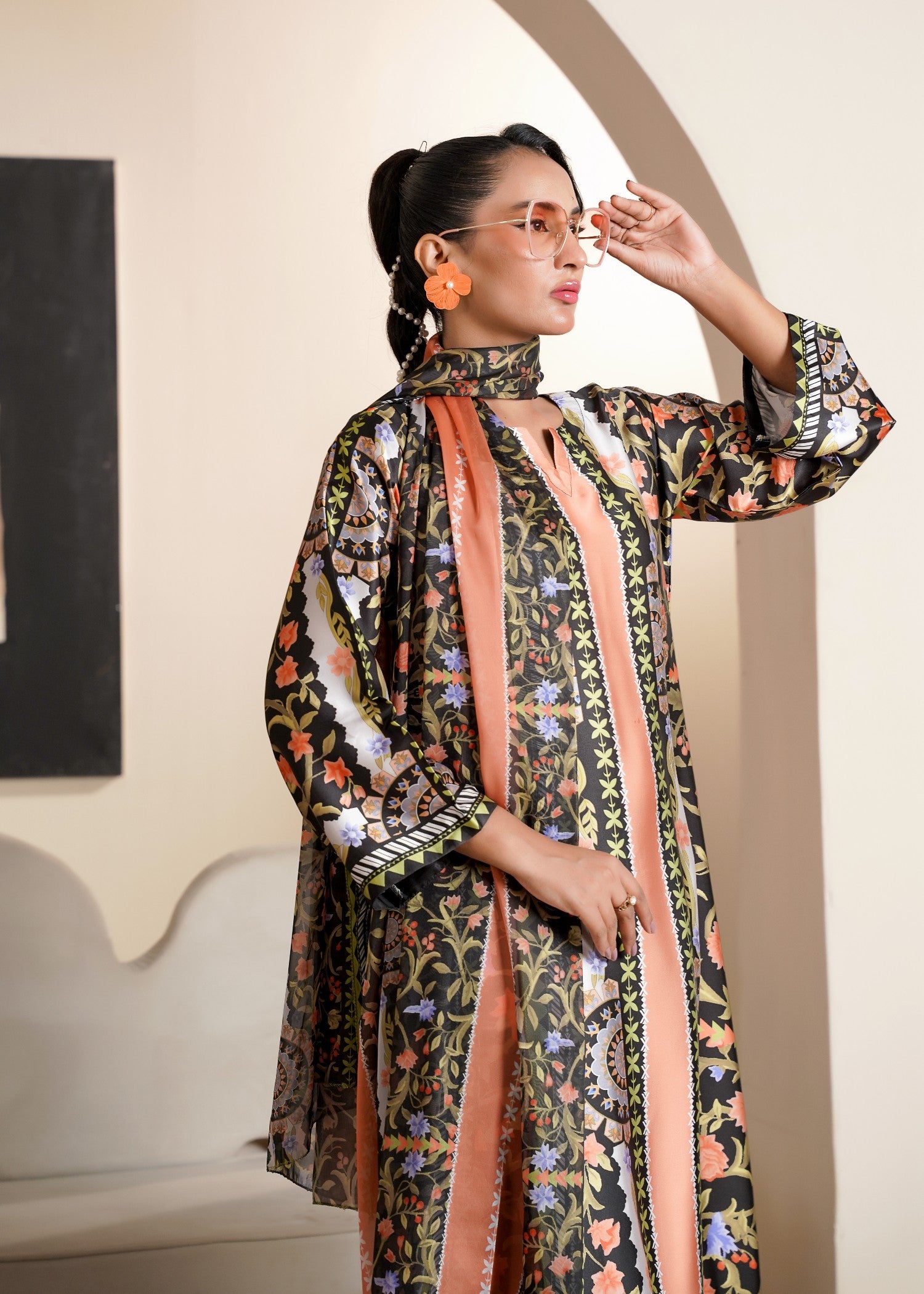 silk Kurta Set in Black, peach orange