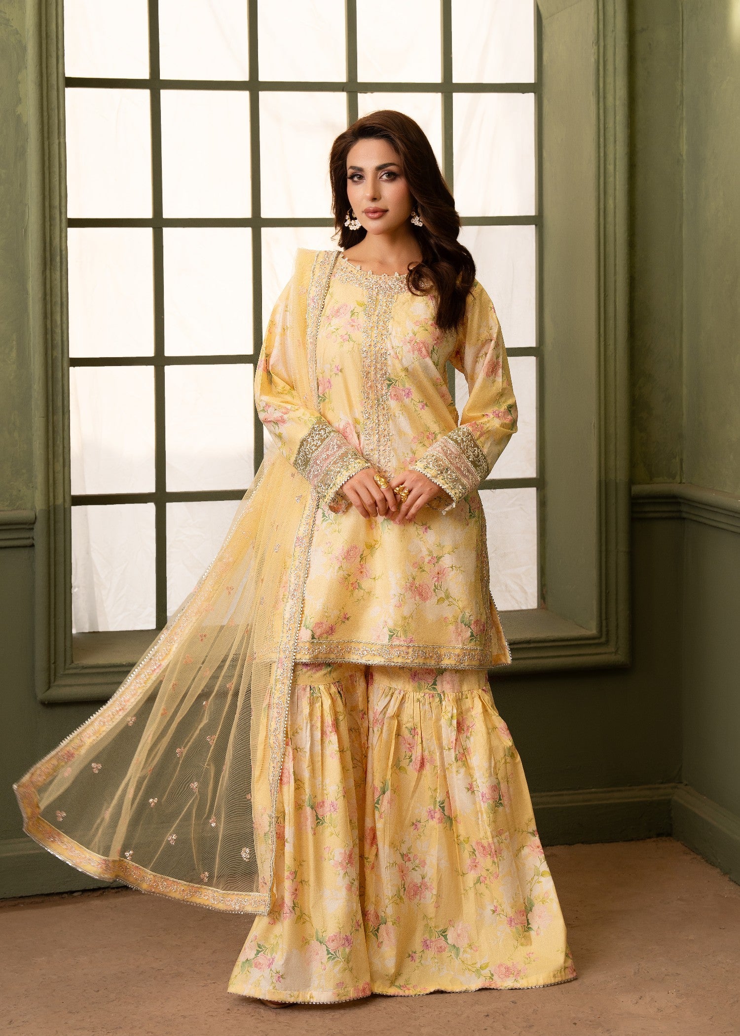 cambric Gharara in Yellow