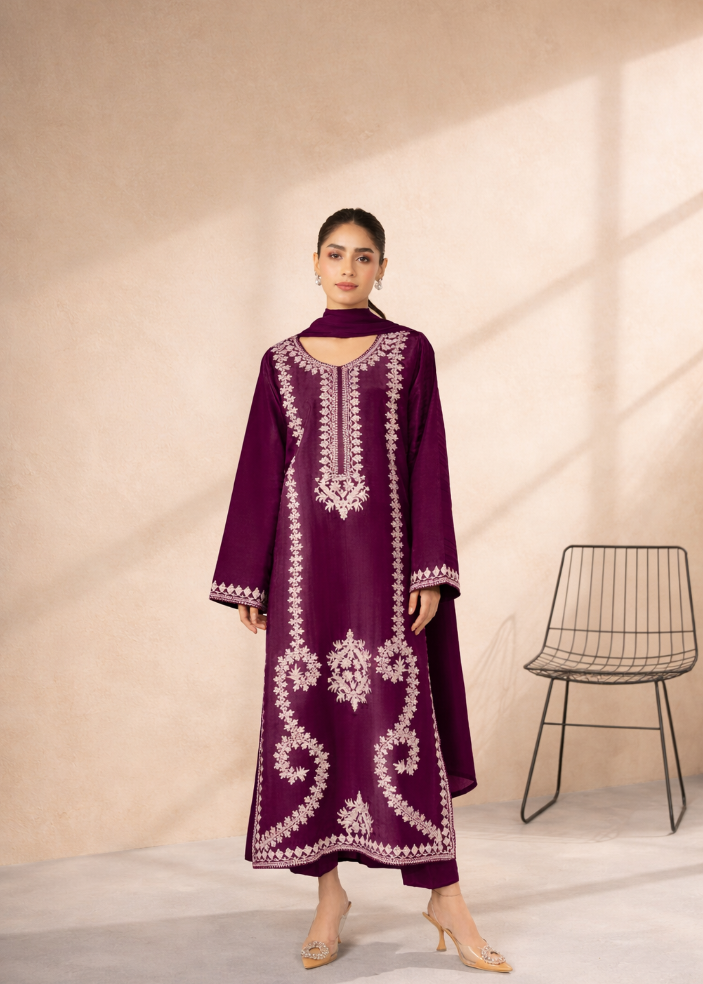 lawn cotton Kurta Set in Plum purple