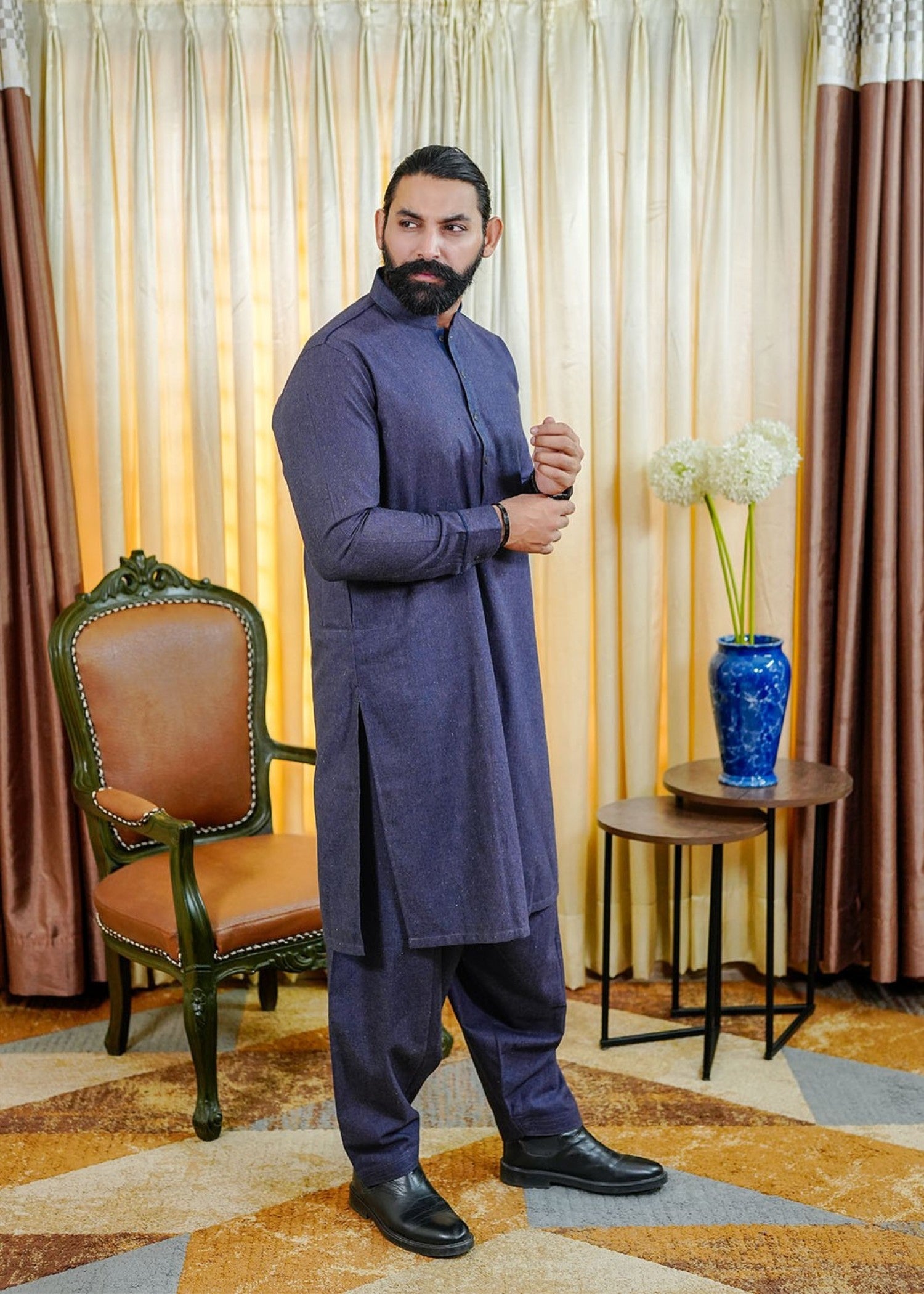 woolen karandi Shalwar Kameez in Navy blue