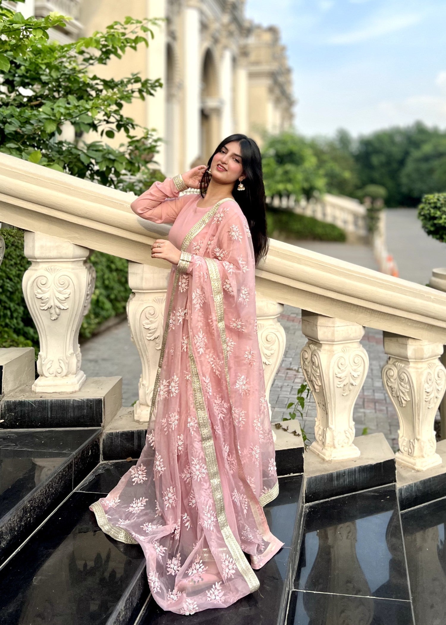 bemberg crinkle chiffon Anarkali in Pastel pink