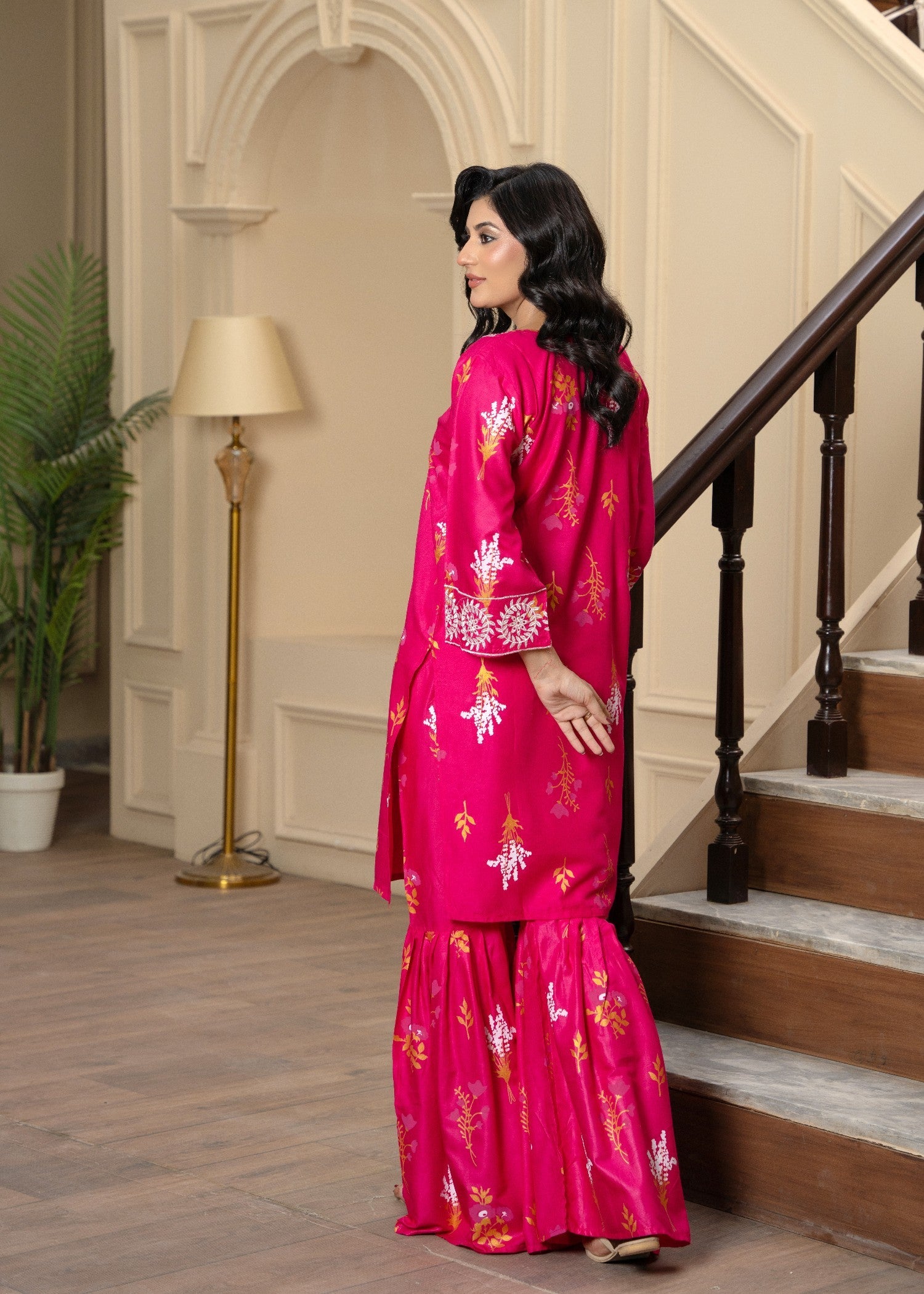 cambric Gharara in Hot pink