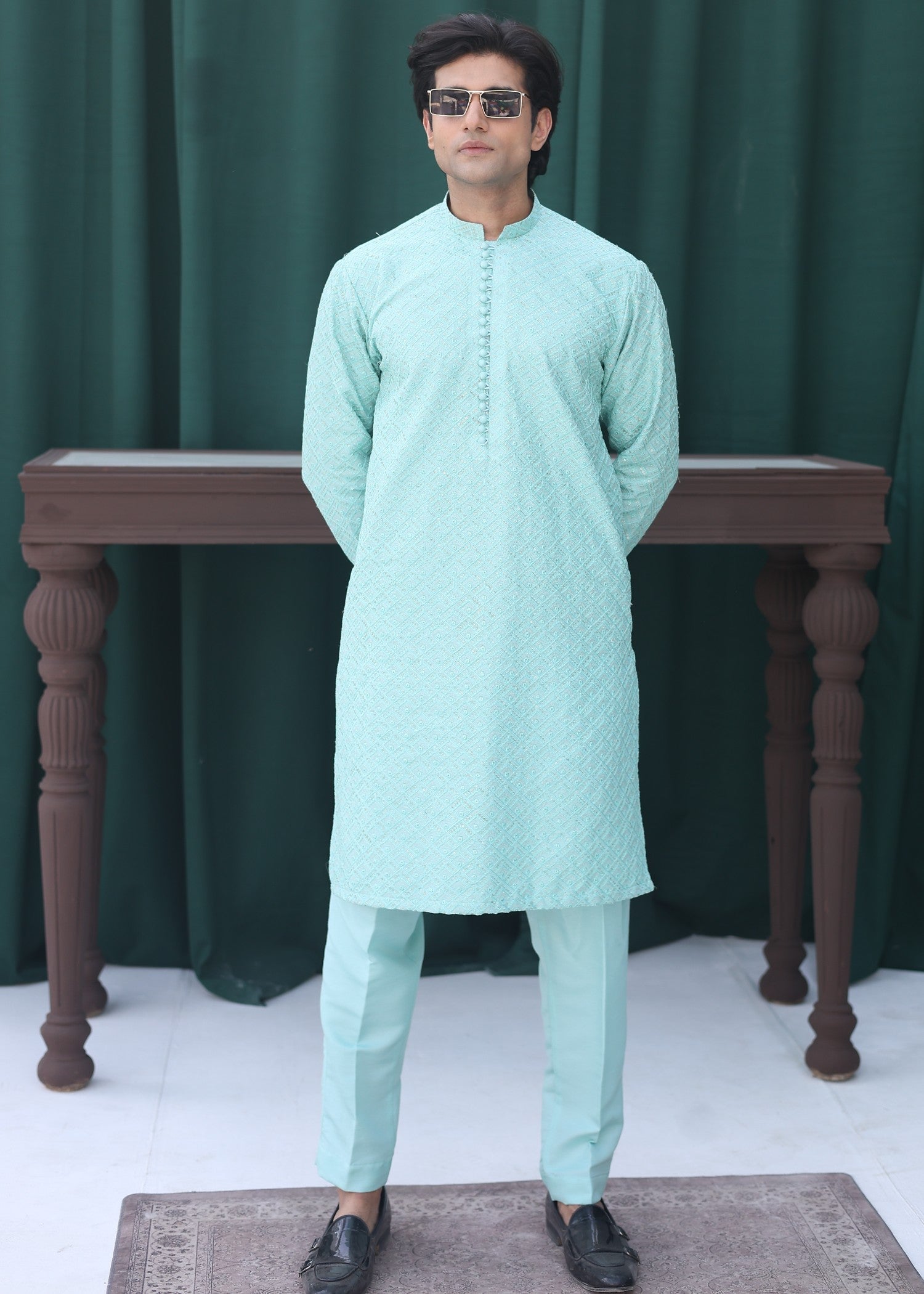 raw silk Kurta Set in Aquamarine