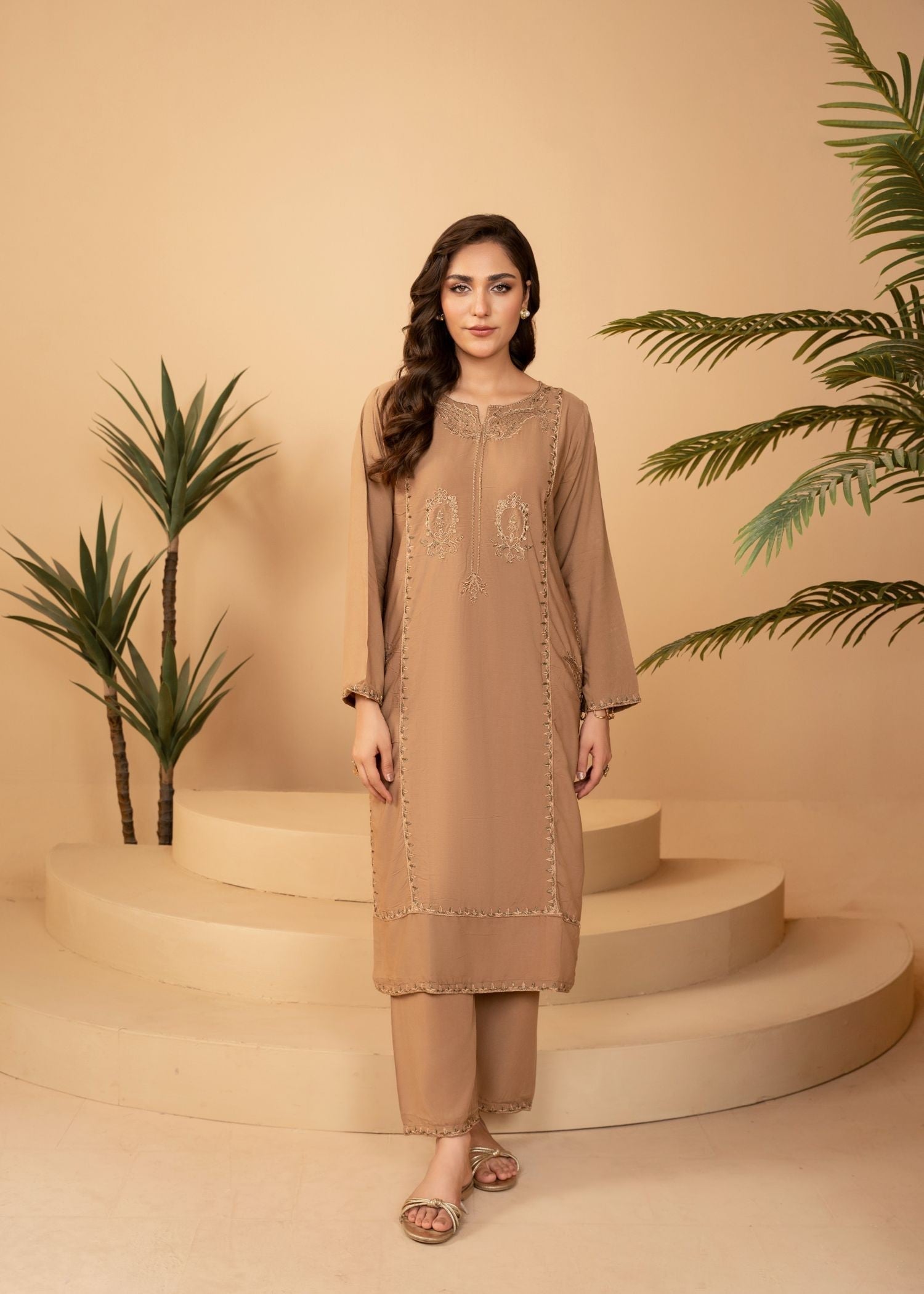 linen Kurta Set in Tan brown
