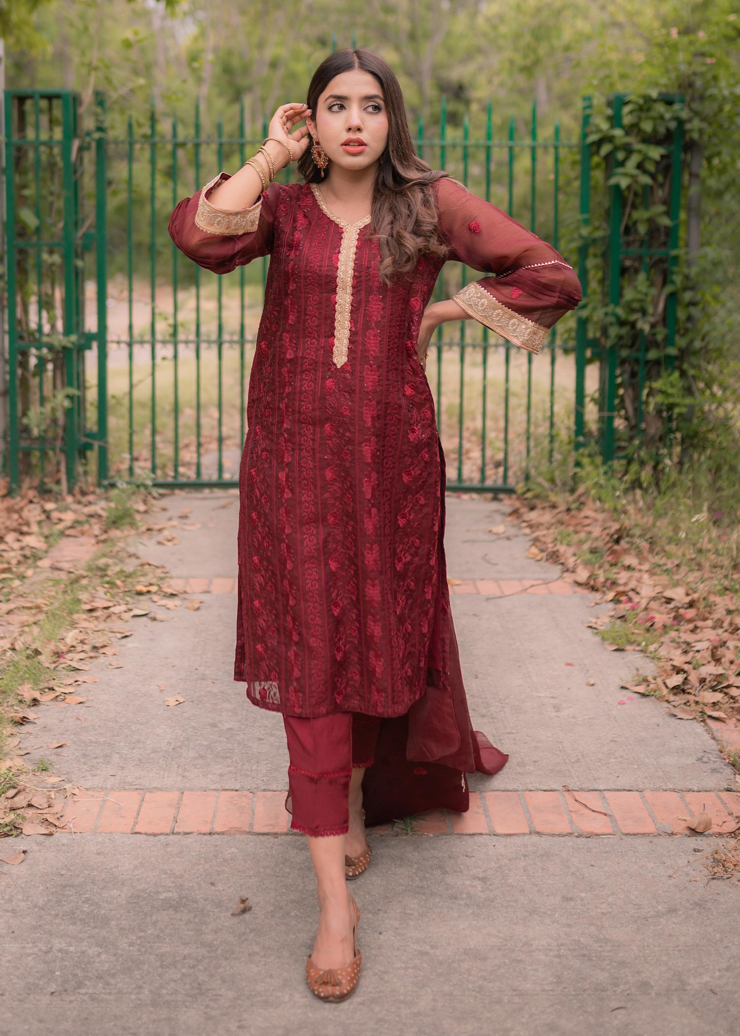 net Kurta Set in Maroon