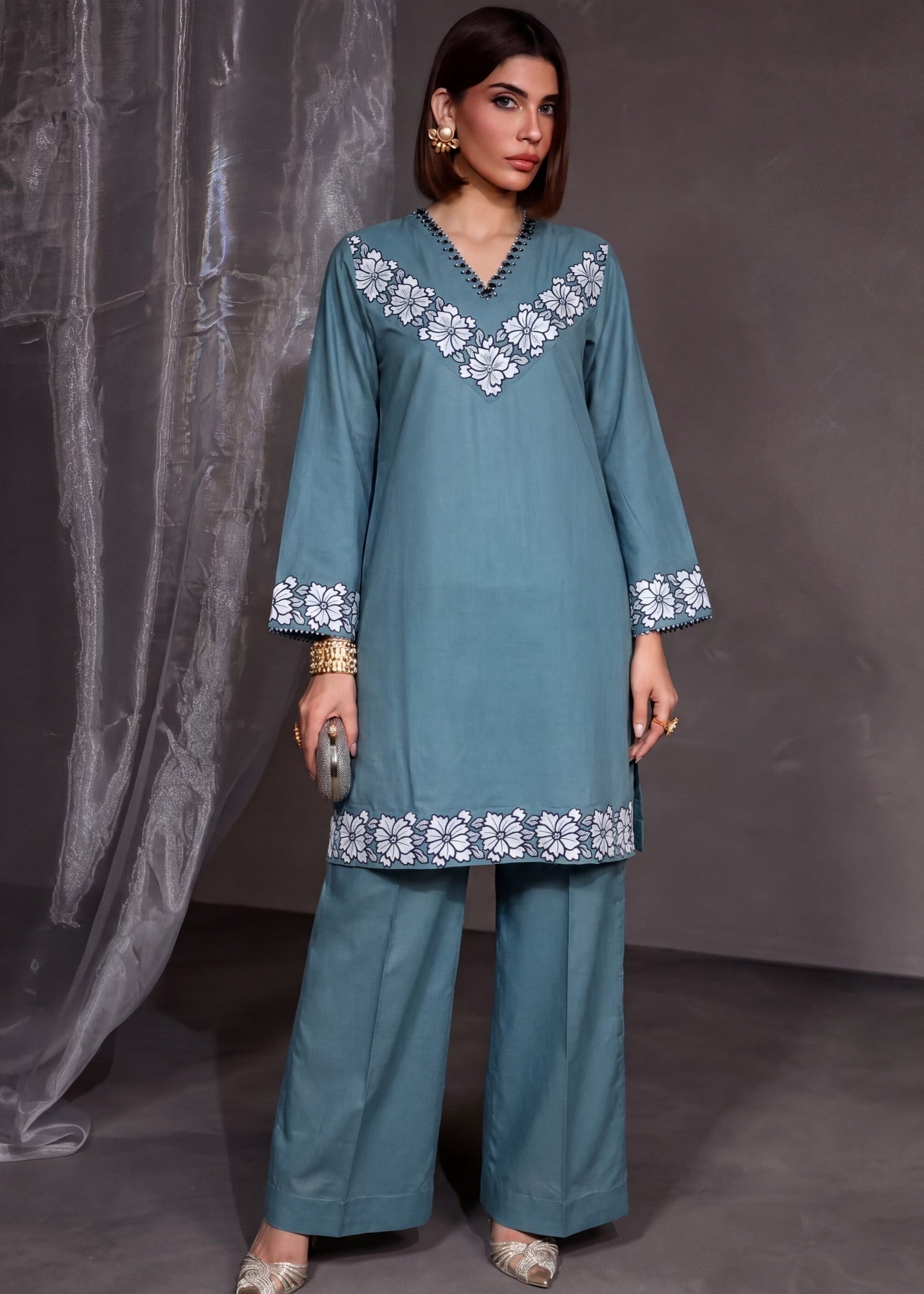 lawn Kurta Set in Pacific blue