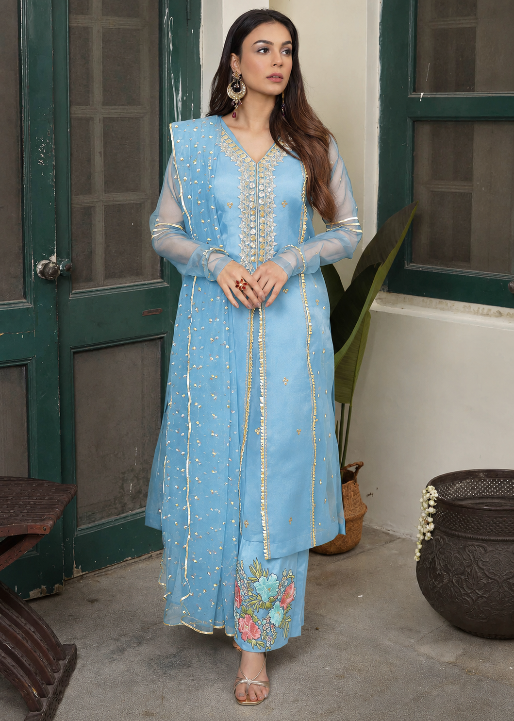 organza Kurta Set in Sky blue