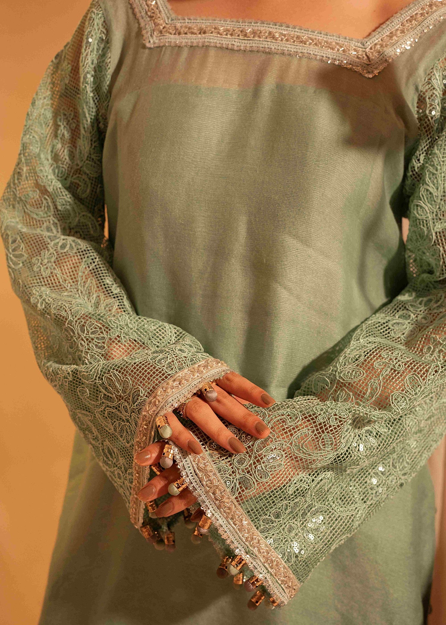 cotton net Kurta Set in Moss green