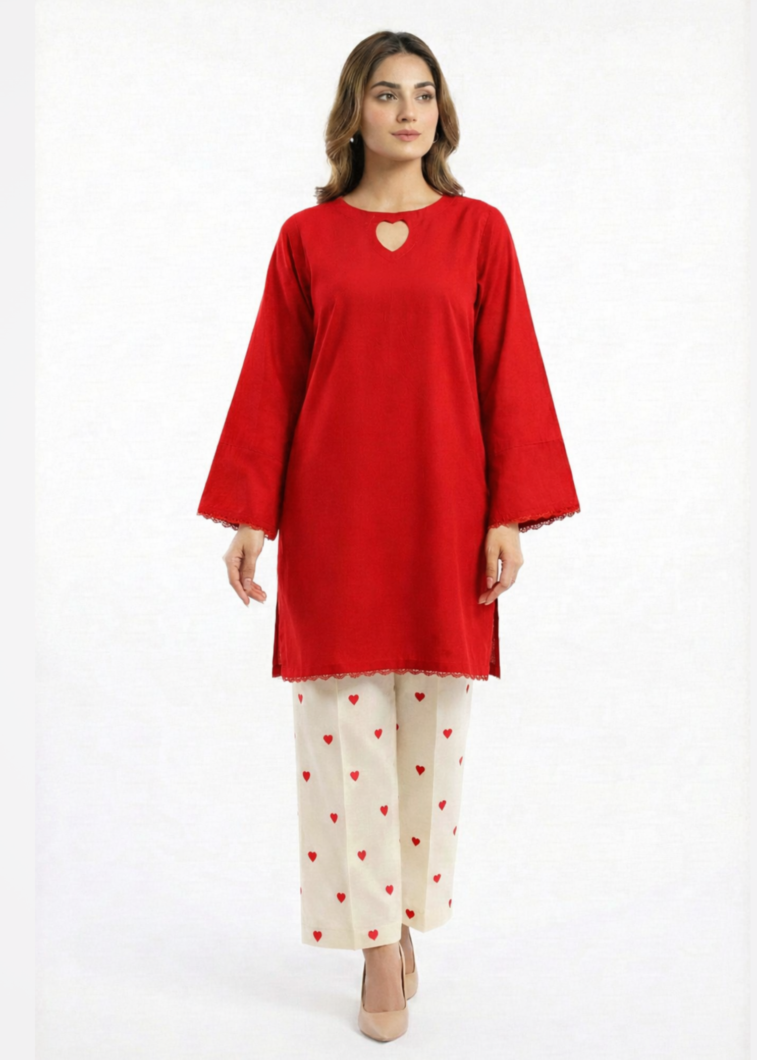 cambric Kurta Set in Red, cream