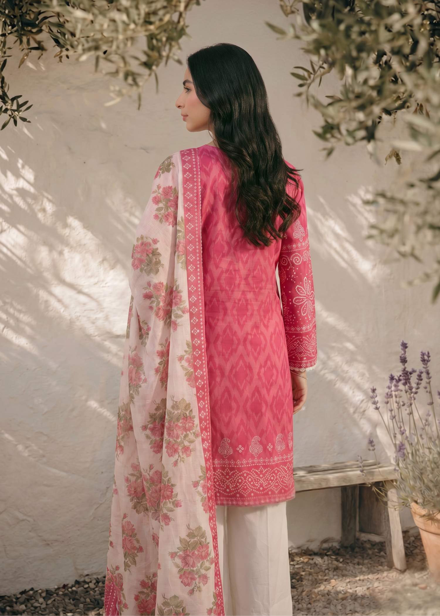 cross hetch Kurta Set in Pink, off-white