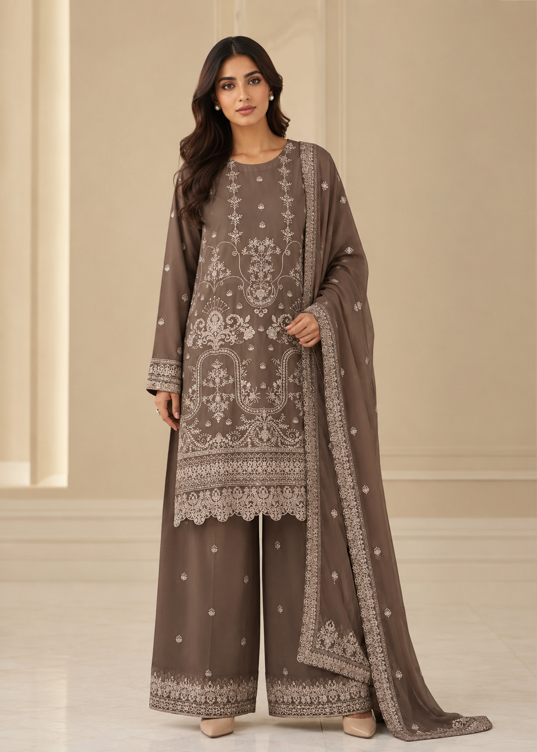 chiffon Kurta Set in Caramel brown