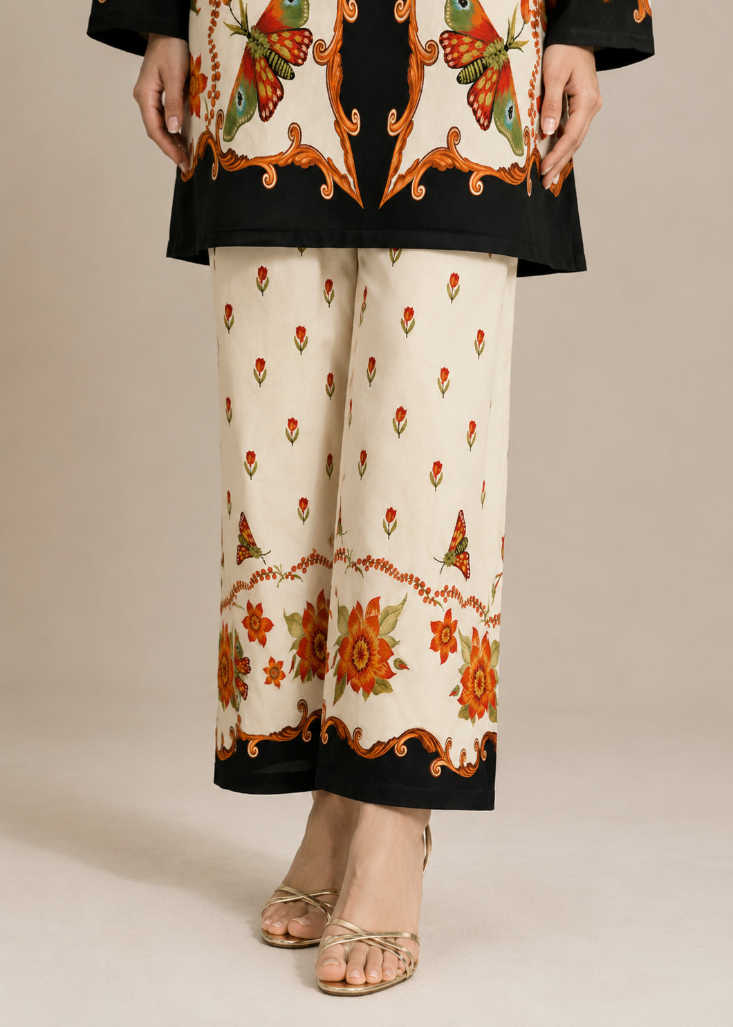 lawn Unstitched in Beige, black, orange