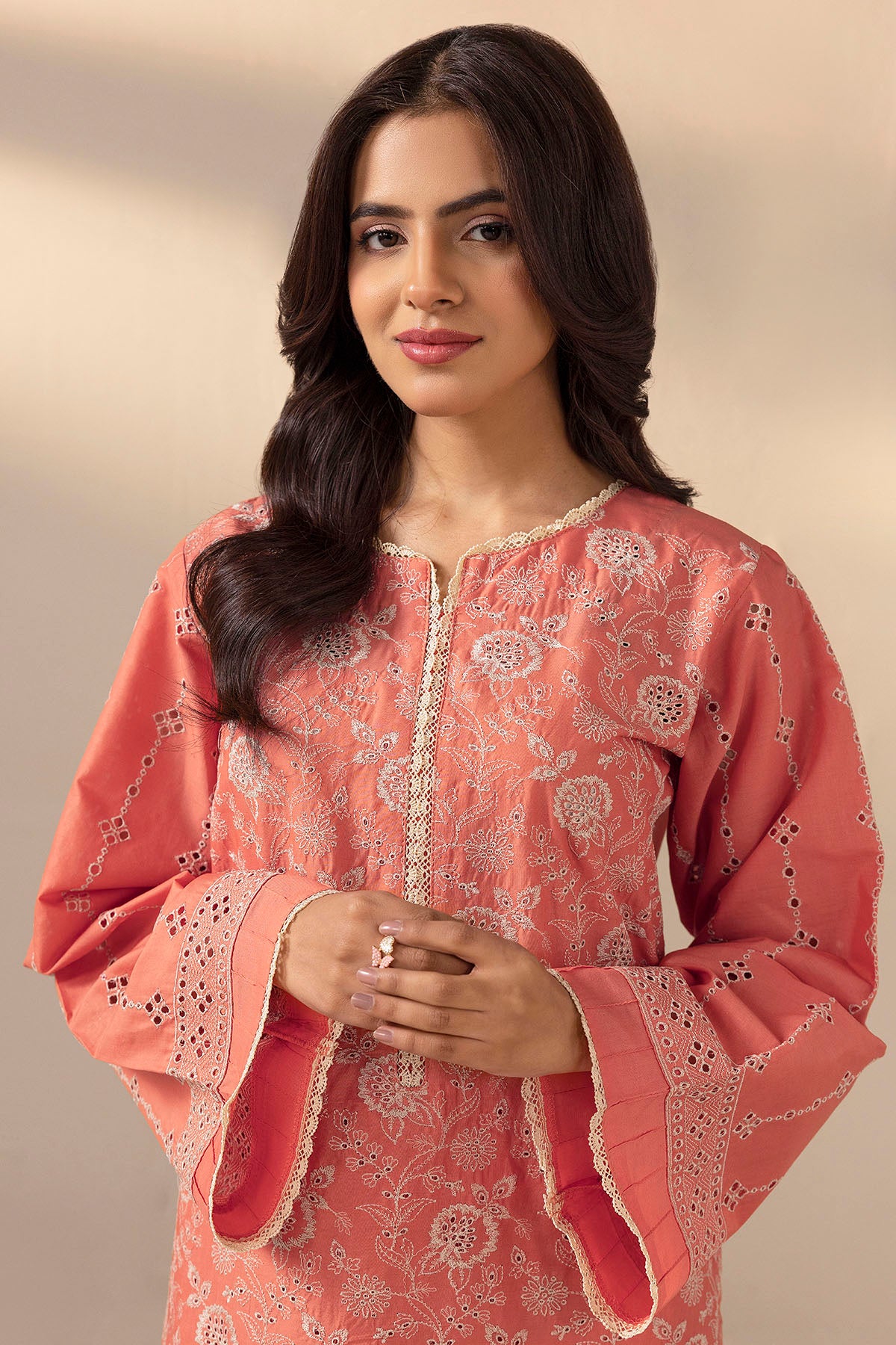 schiffli Kurta Set in Peach pink