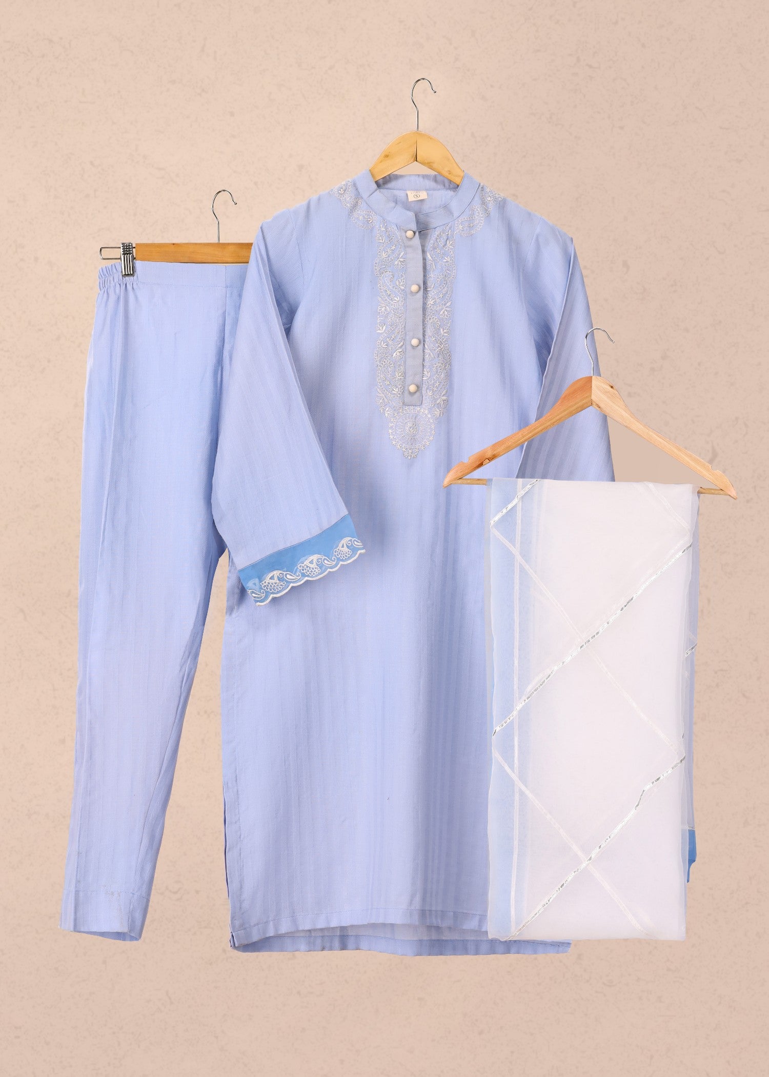 self jacquard Kurta Set in Light blue
