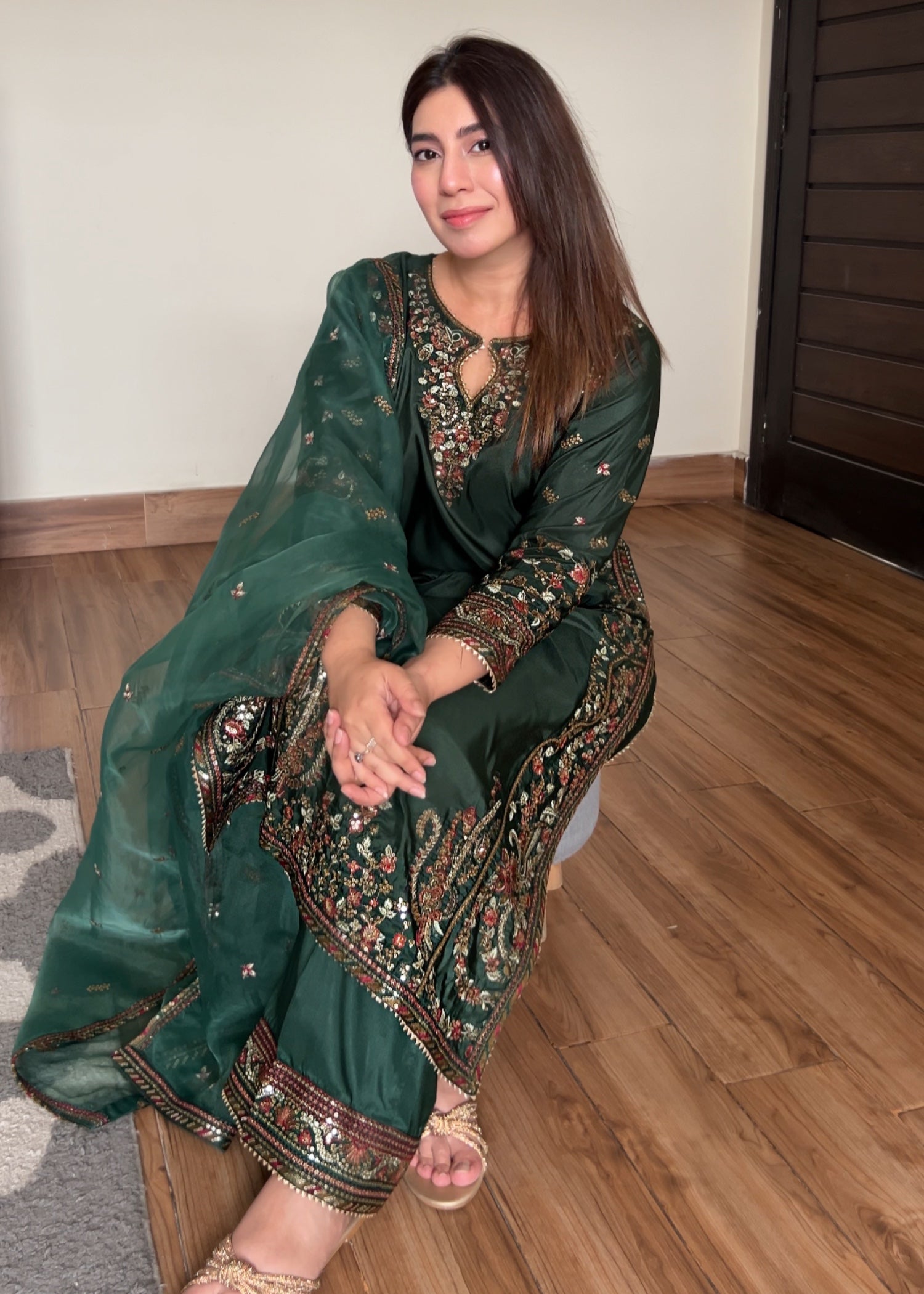 silk Kurta Set in Dark green