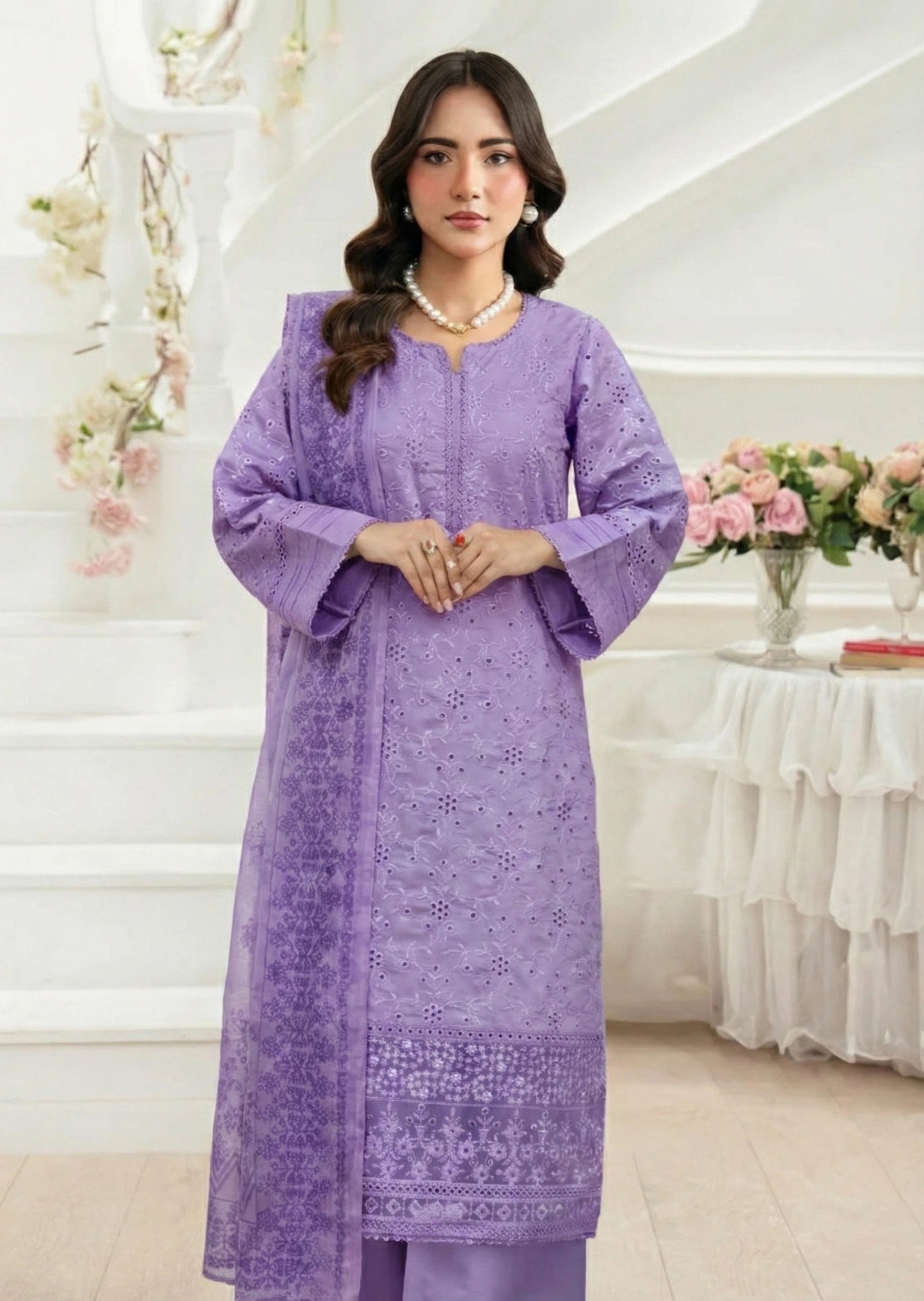 khaddi net Kurta Set in Heathered lilac