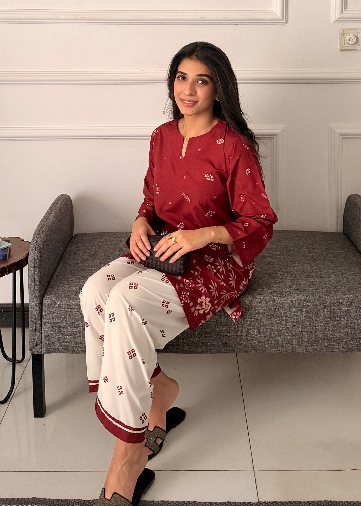 poly lawn Kurta Set in Blood red