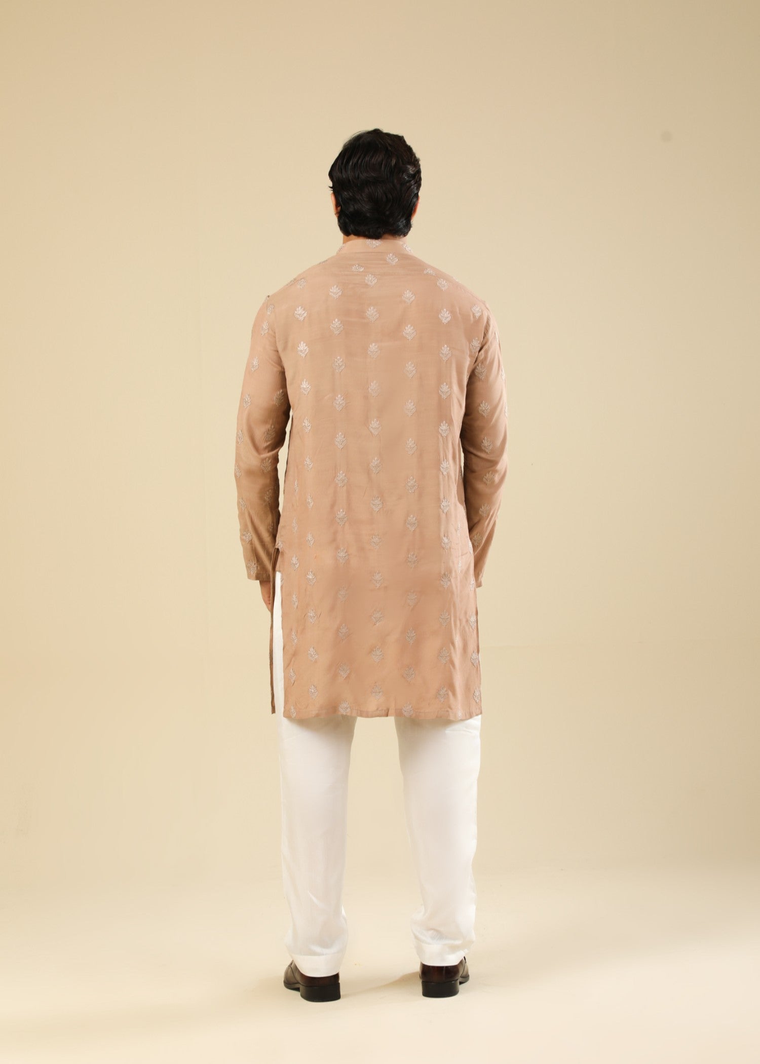 raw silk Kurta Set in White, peach orange by Muraqsh
