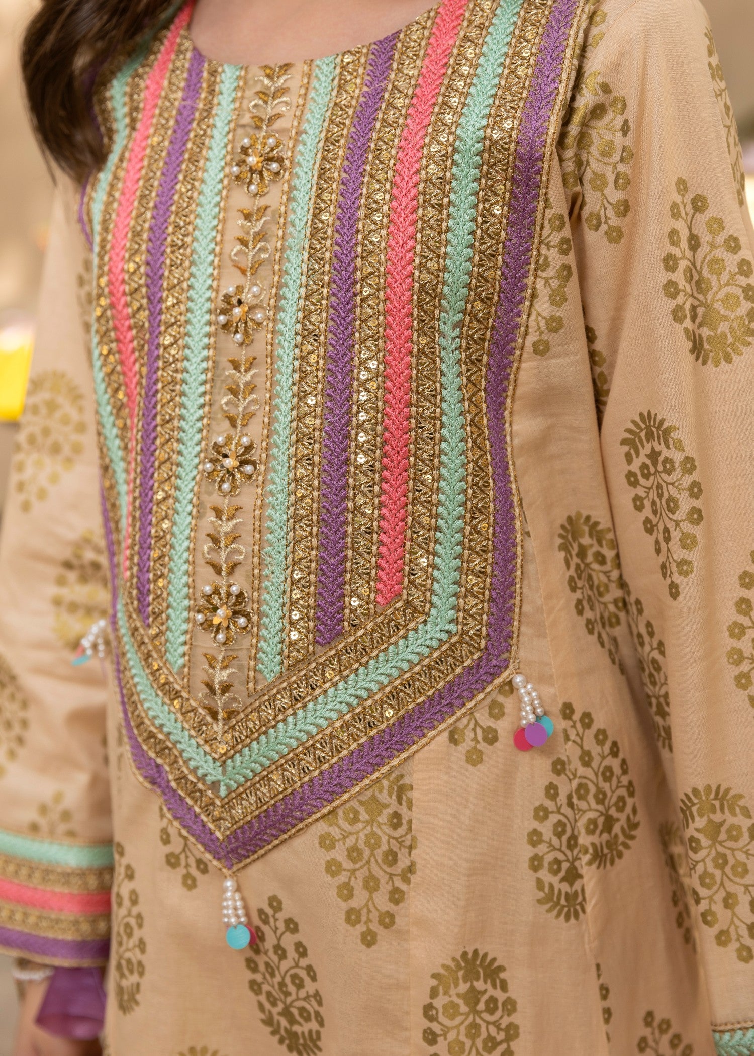 lawn cotton Pishwas in Beige