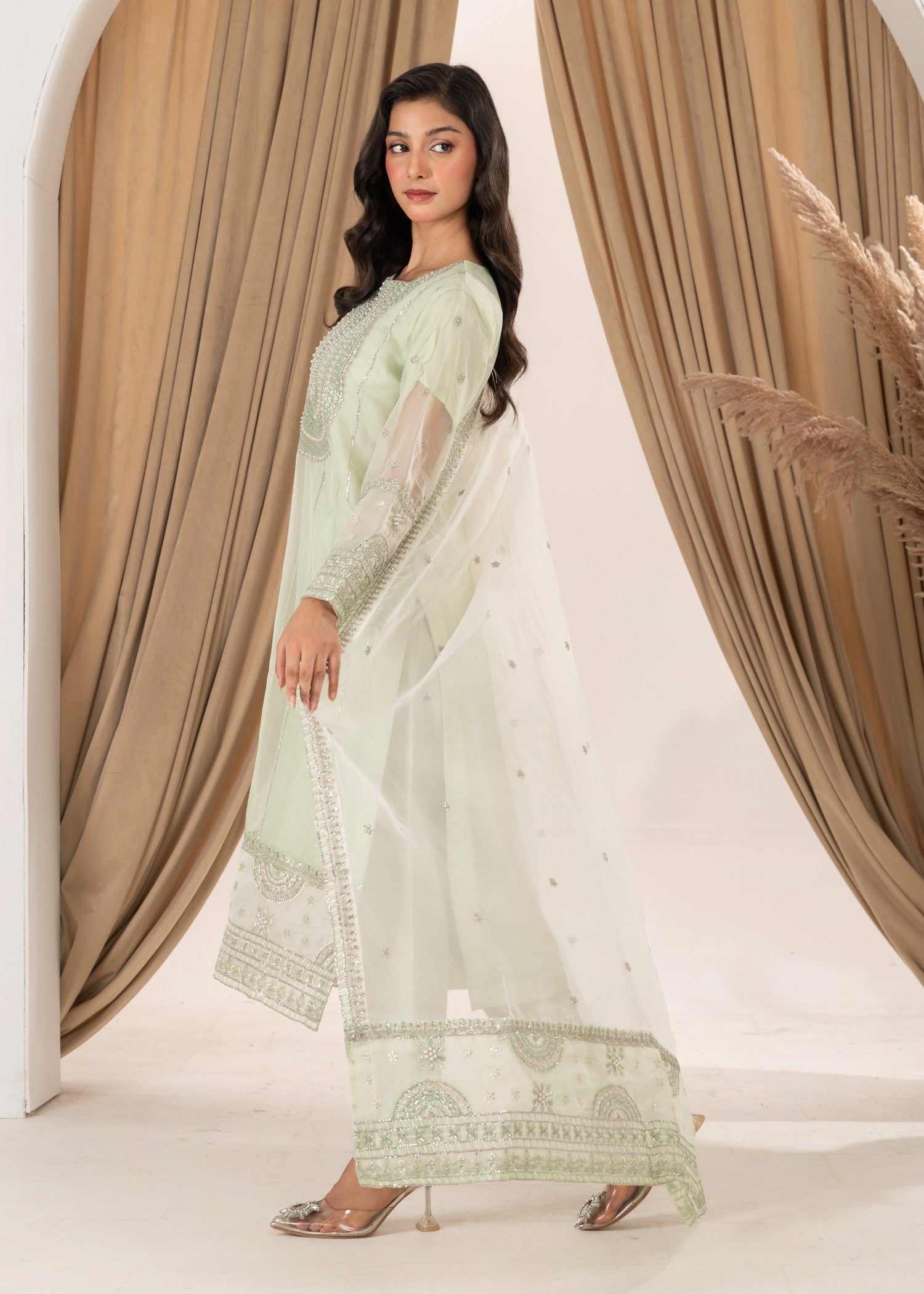 poly organza Kurta Set in Tea green