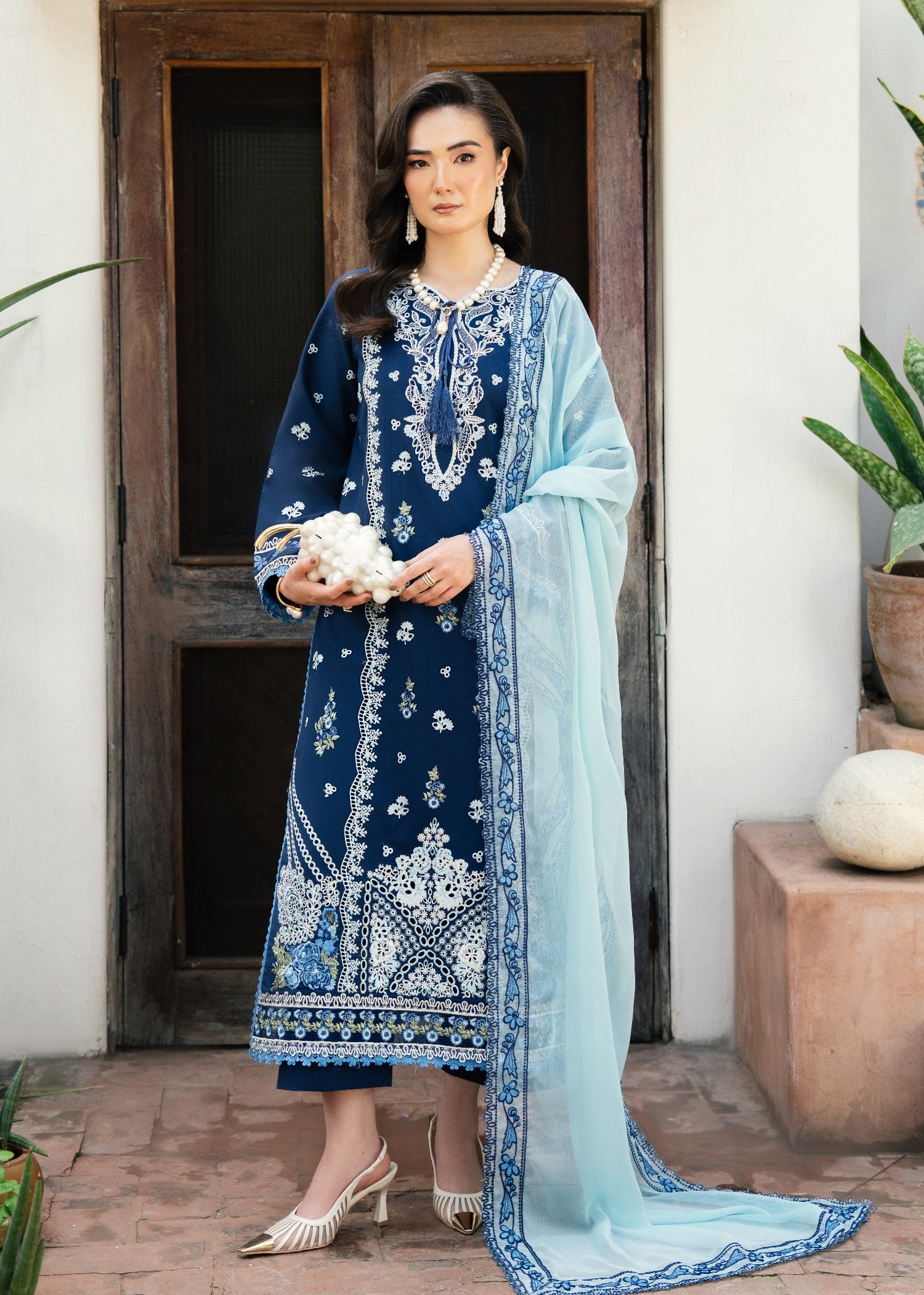 lawn Kurta Set in Powder blue, navy blue