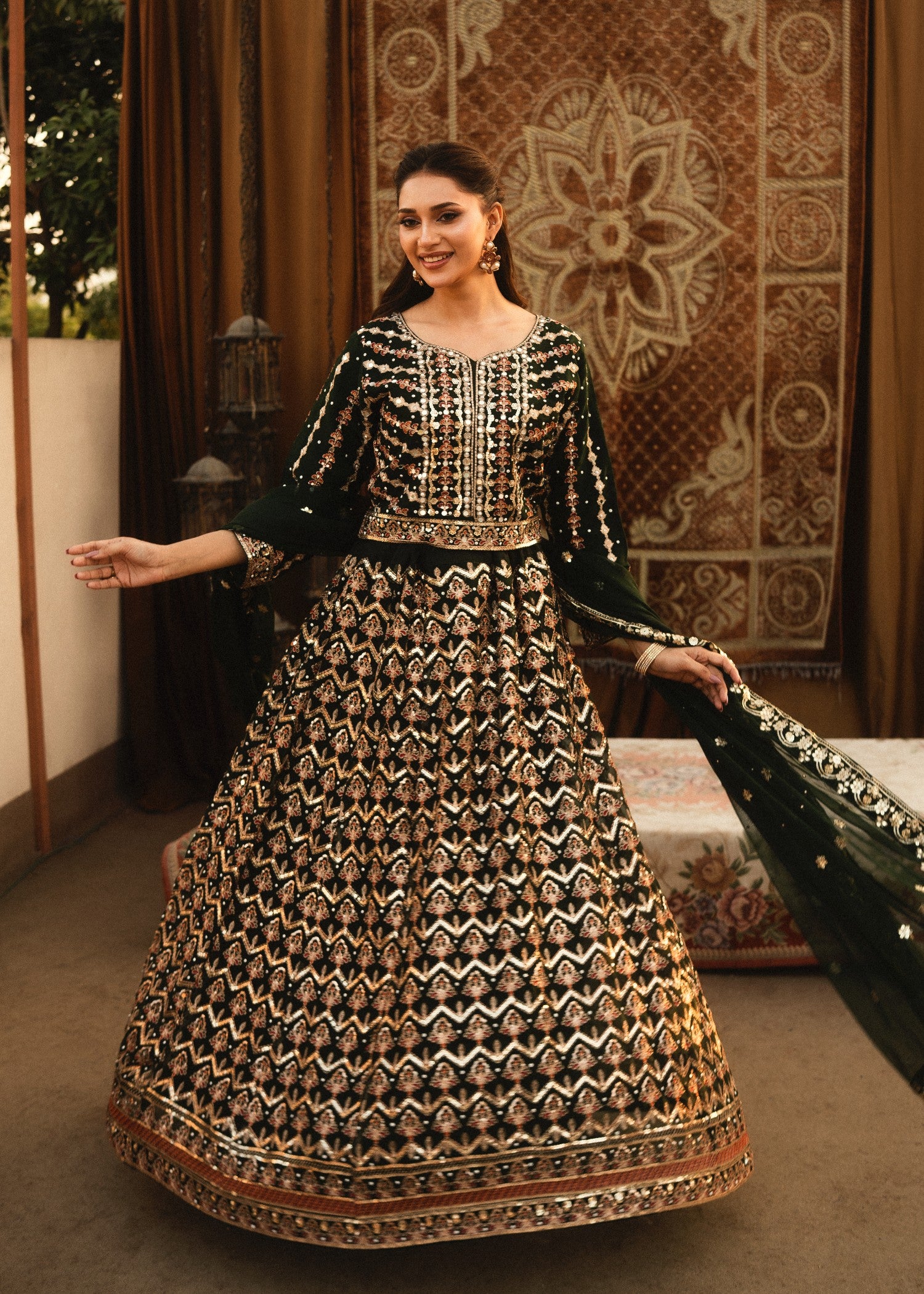 pk chiffon Lehenga in Bottle green