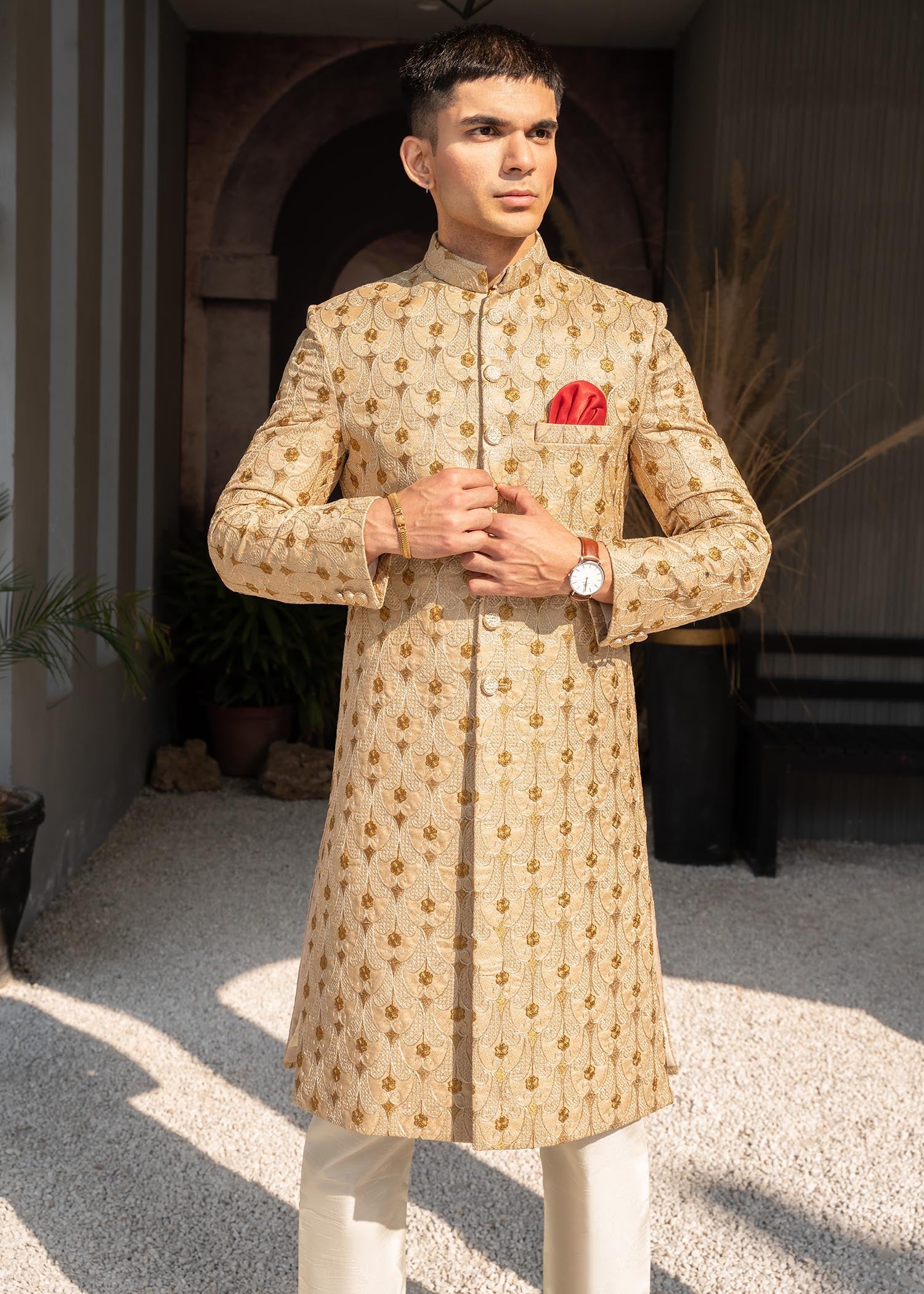 silk Sherwani in Beige