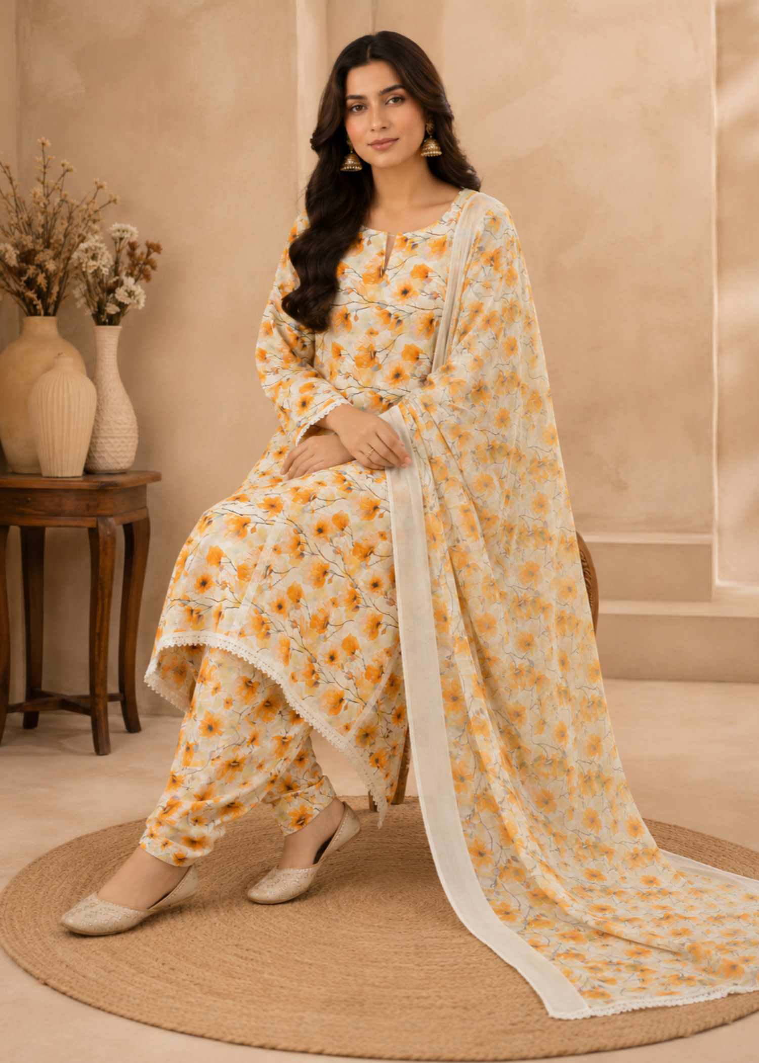 swiss lawn Unstitched in Off-white, yellow