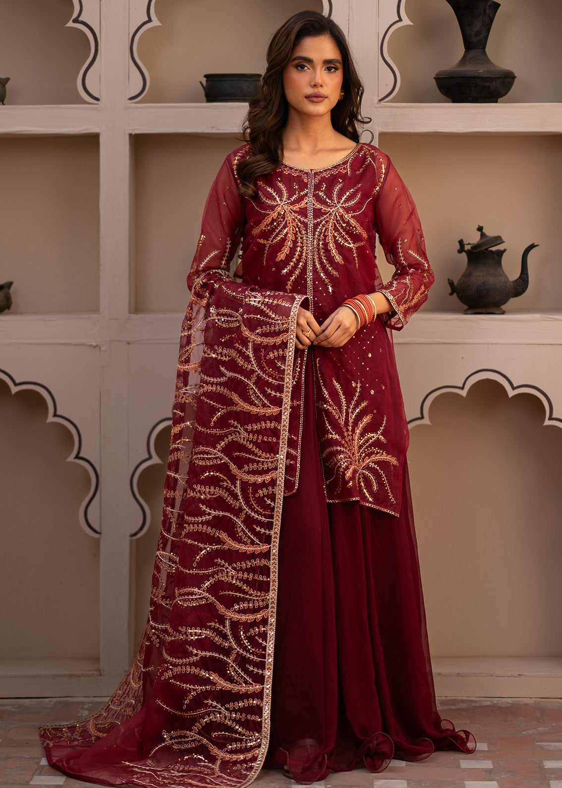 organza Pishwas in Maroon