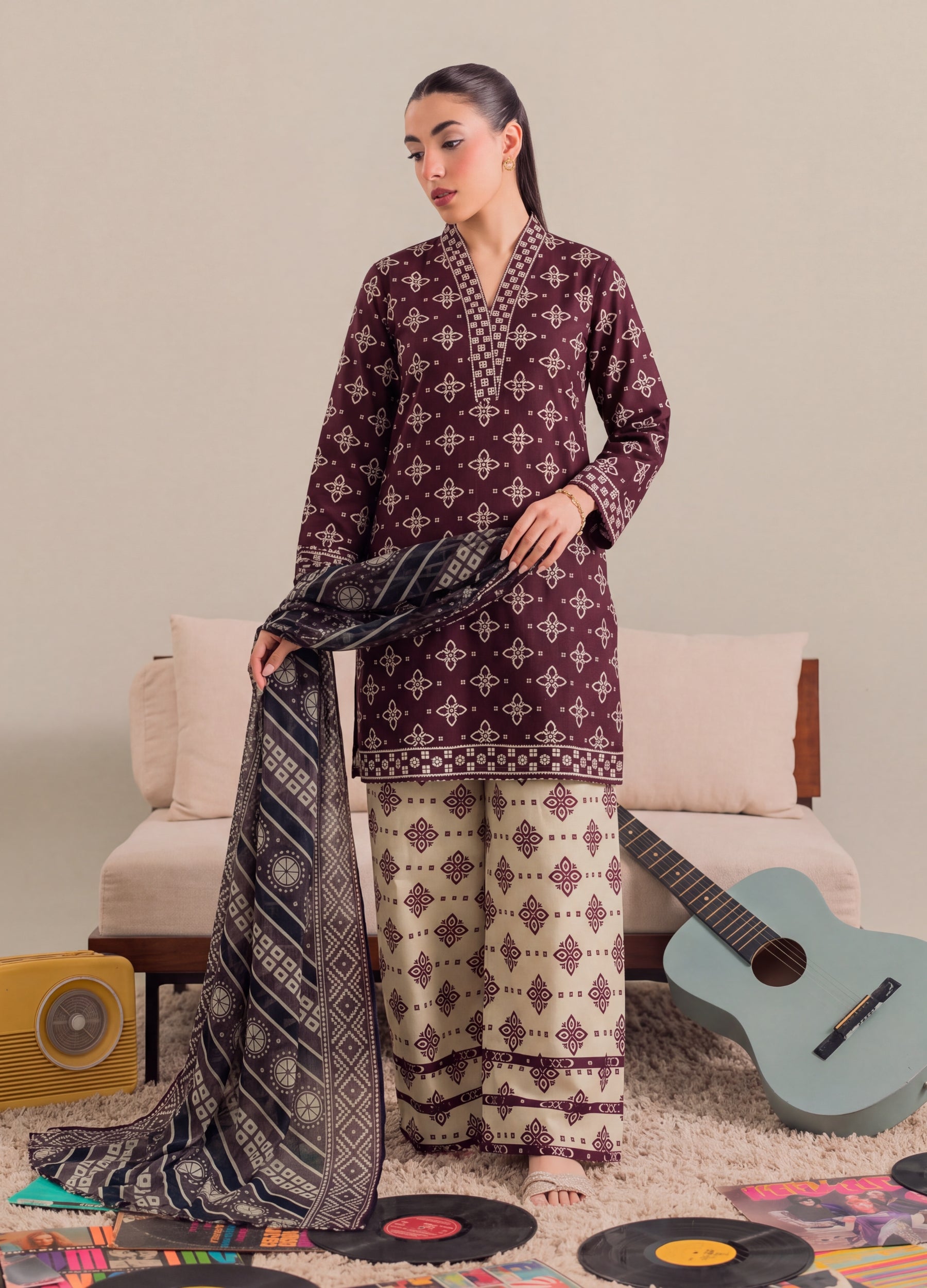 poly silk Kurta Set in Burgundy