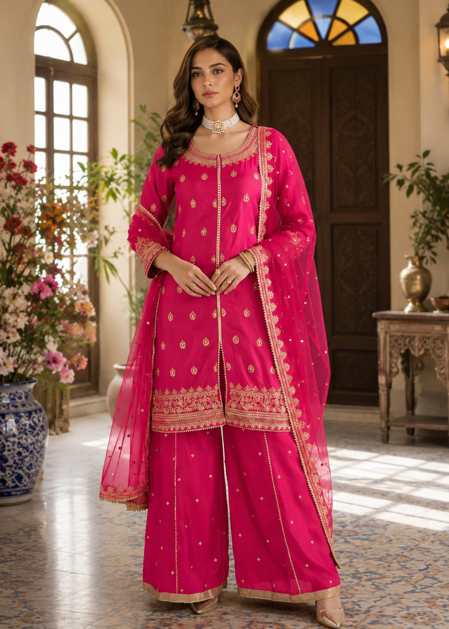 silk Sharara in Ruby red