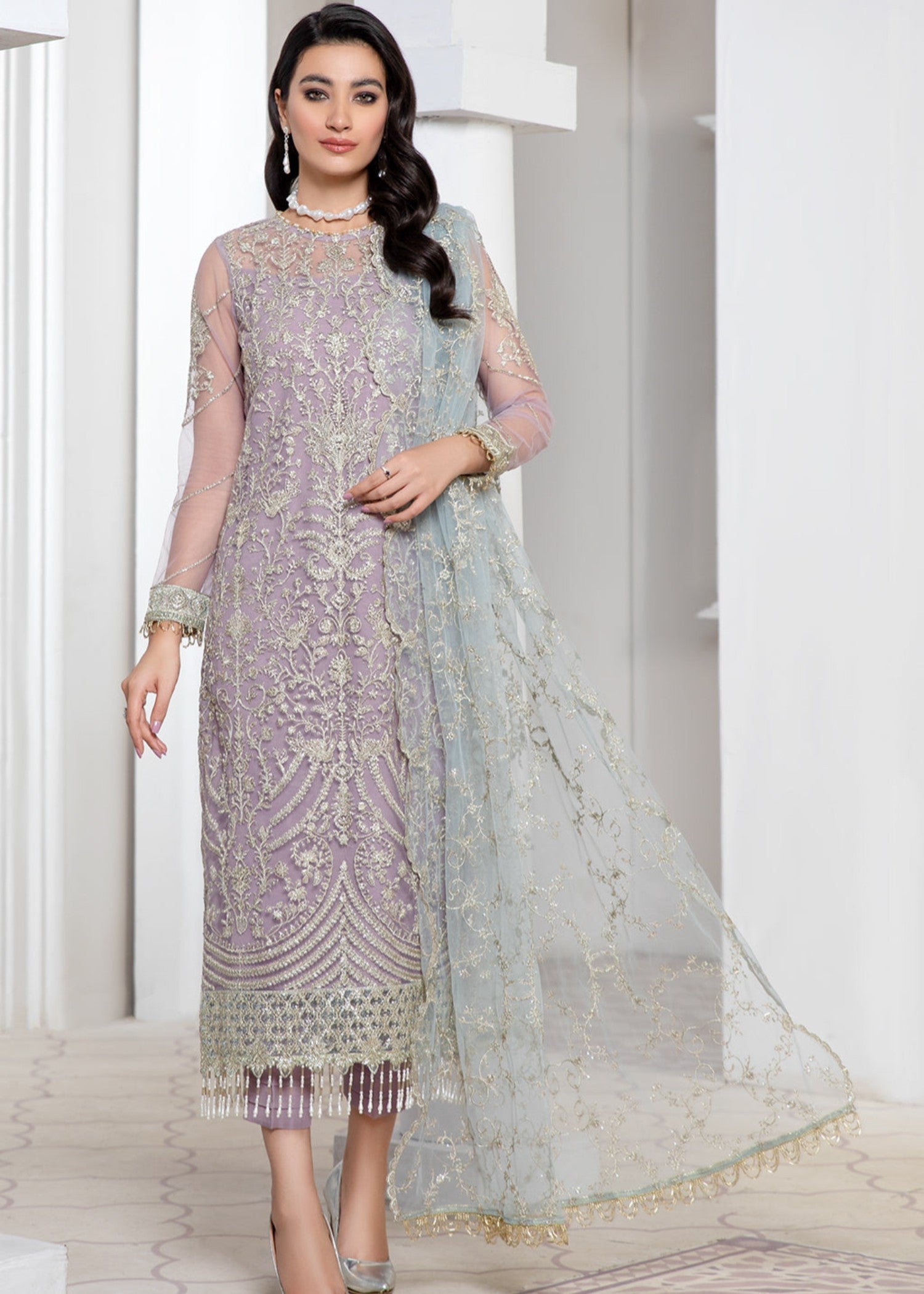 net Kurta Set in Purple ash