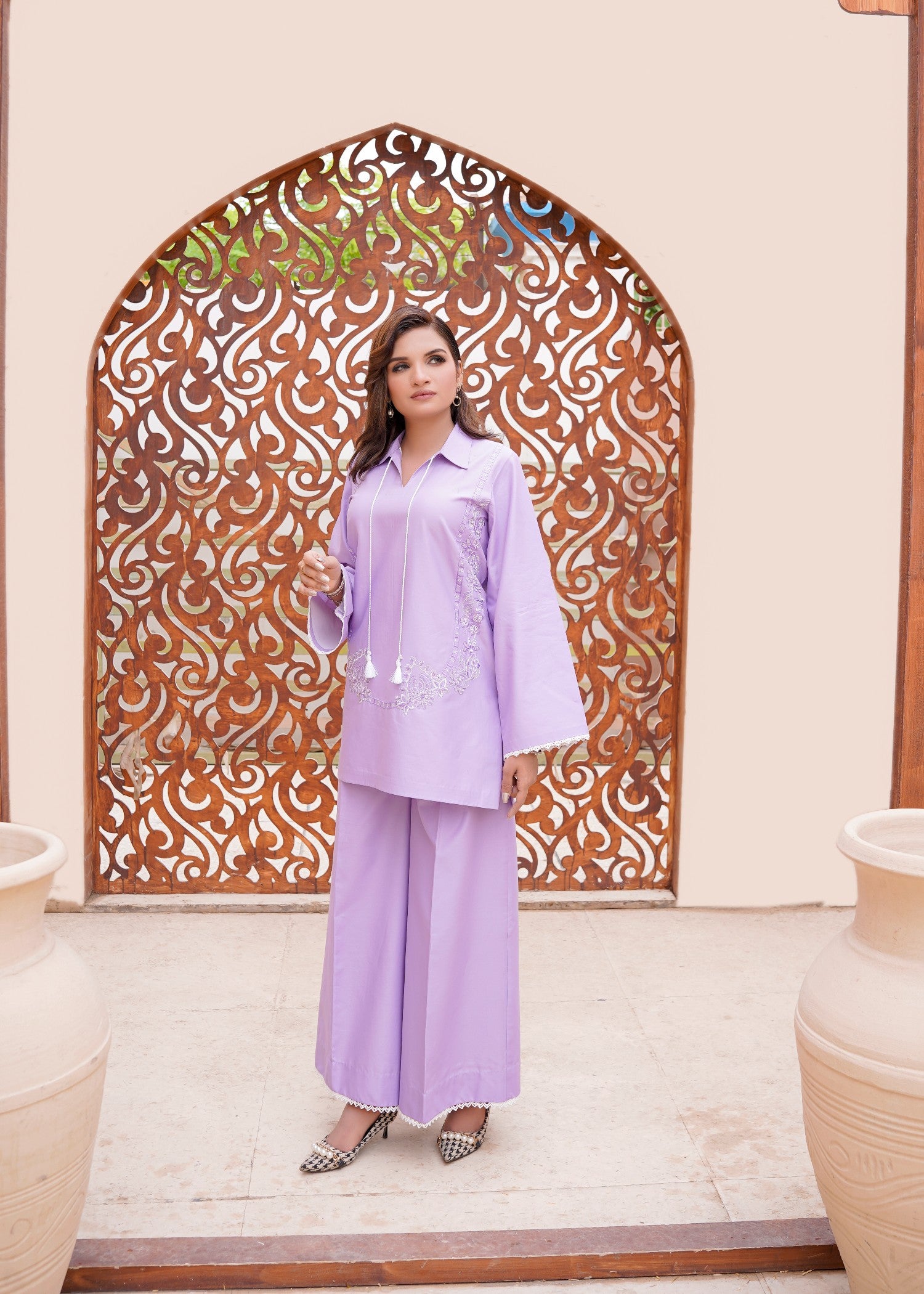 lawn cotton Kurta Set in Purple ash